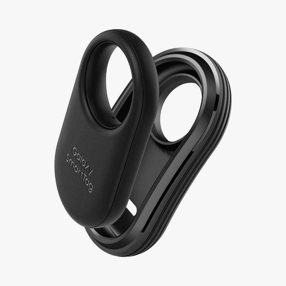 Czarny Galaxy SmartTag. Ma konstrukcję pętelkową, widoczna nazwa marki.