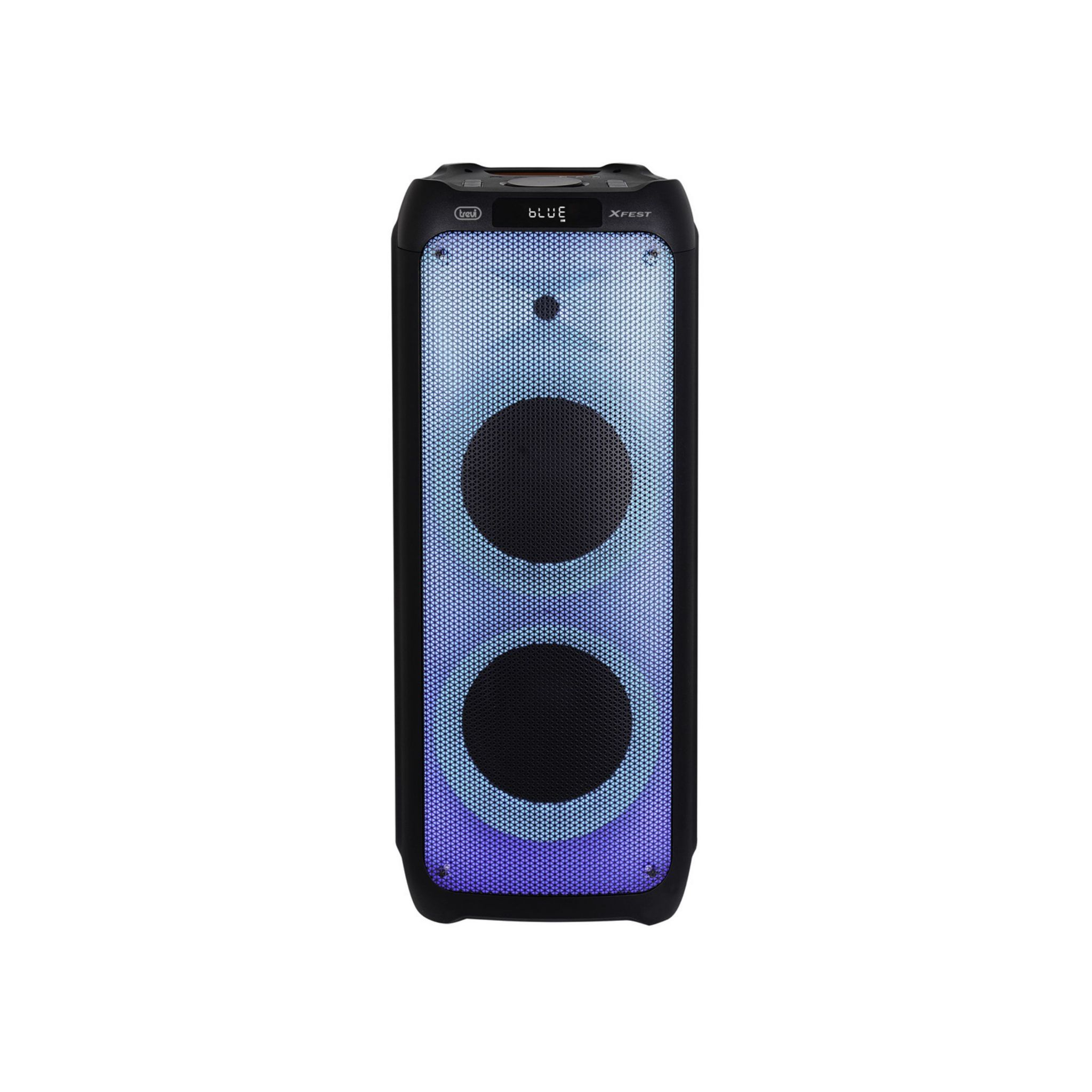 Altoparlante nero alto con 'BLUE' e 'XFEST' sul fronte, che mostra luci blu e viola, su sfondo bianco.