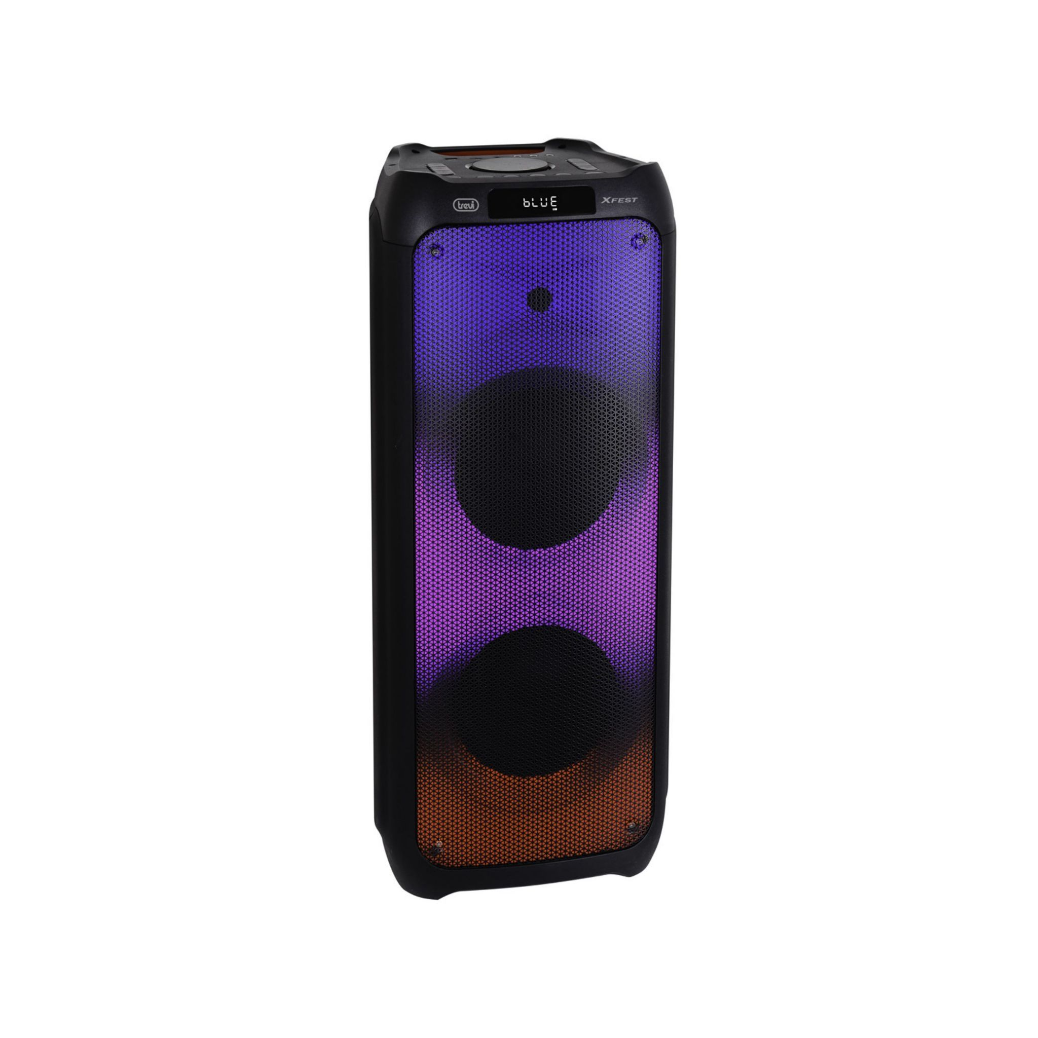 Altoparlante nero con centro illuminato viola e nero. Sopra: display blu. Marca: XFEST. Sotto: arancione.