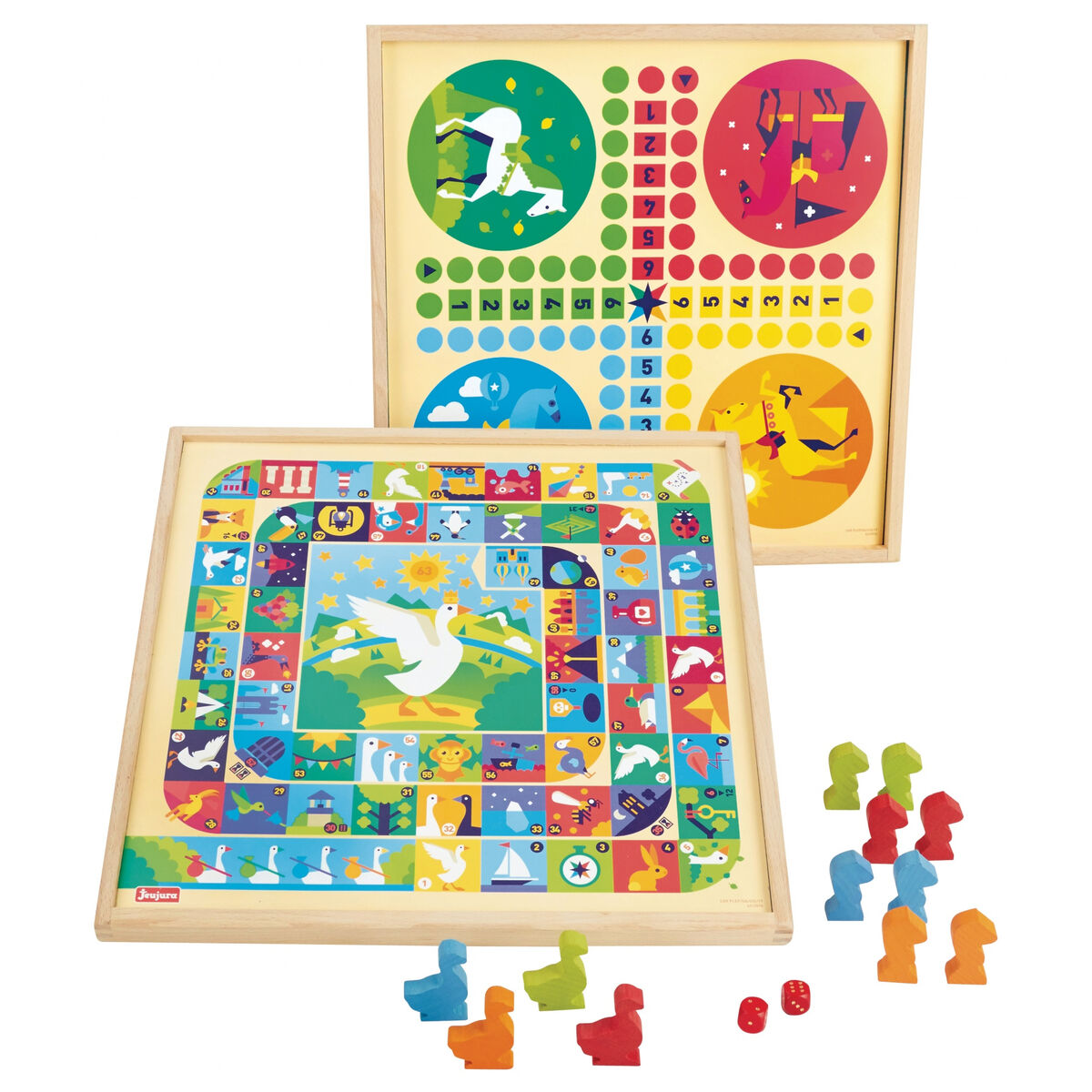 Twee bordspellen met houten frames. Spelstukken en dobbelstenen vooraan. Kleurrijke borden.