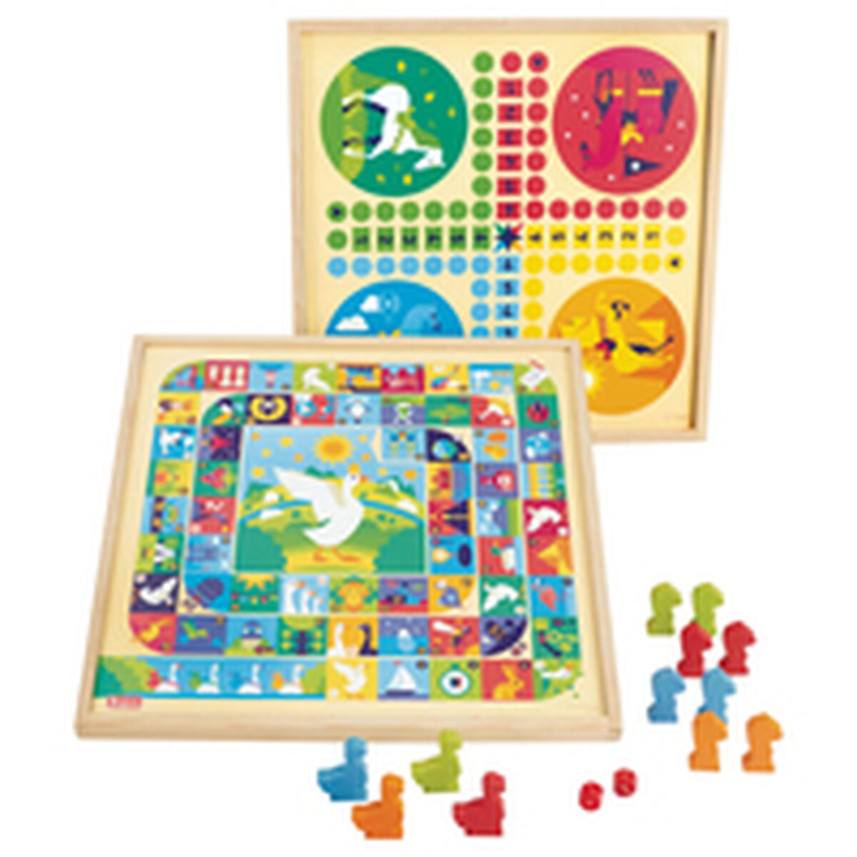 Twee bordspellen met houten frames. Spelstukken en dobbelstenen vooraan. Kleurrijke borden.