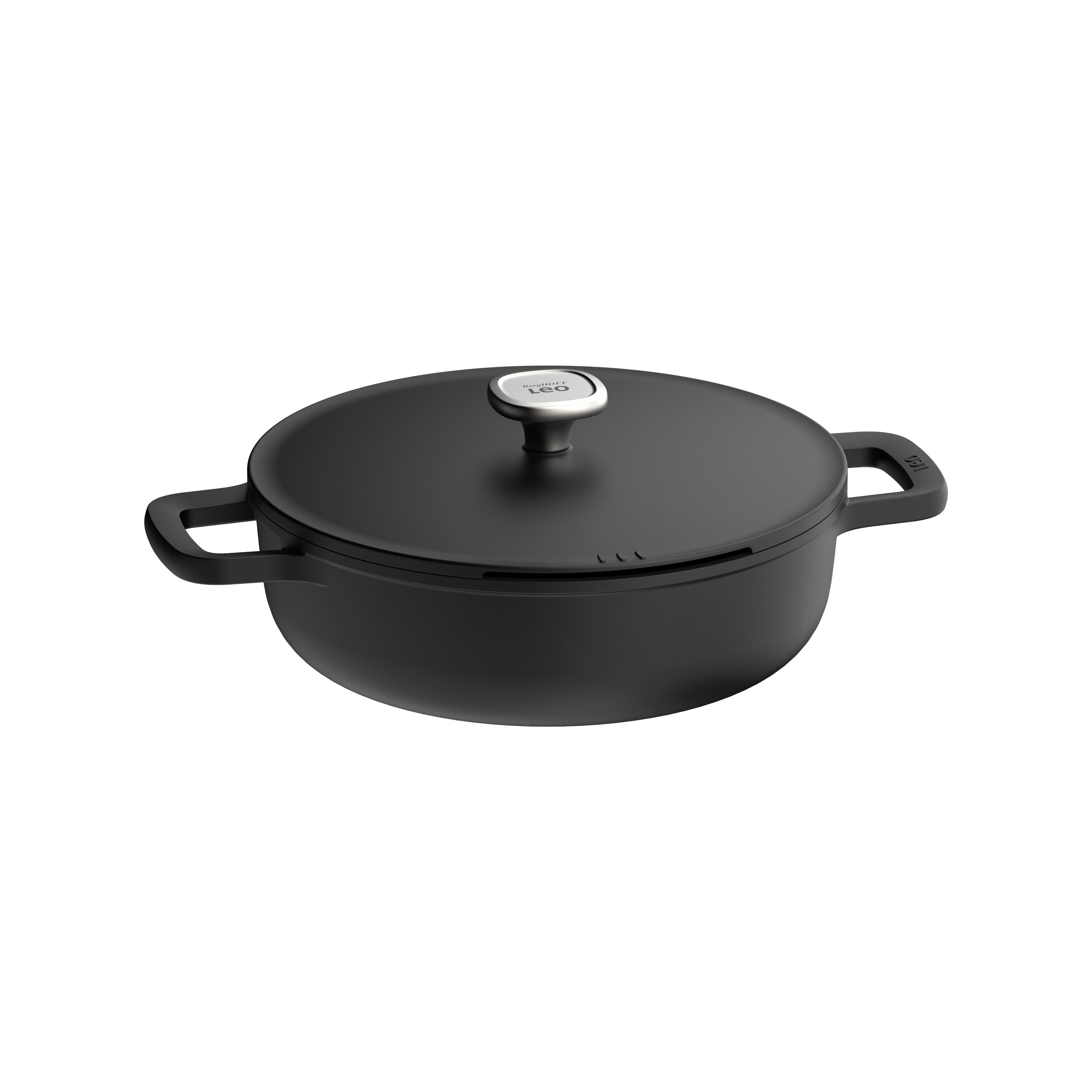 Black, round pot with a lid. Has side handles and a silver knob on the lid. Brand: LEO.