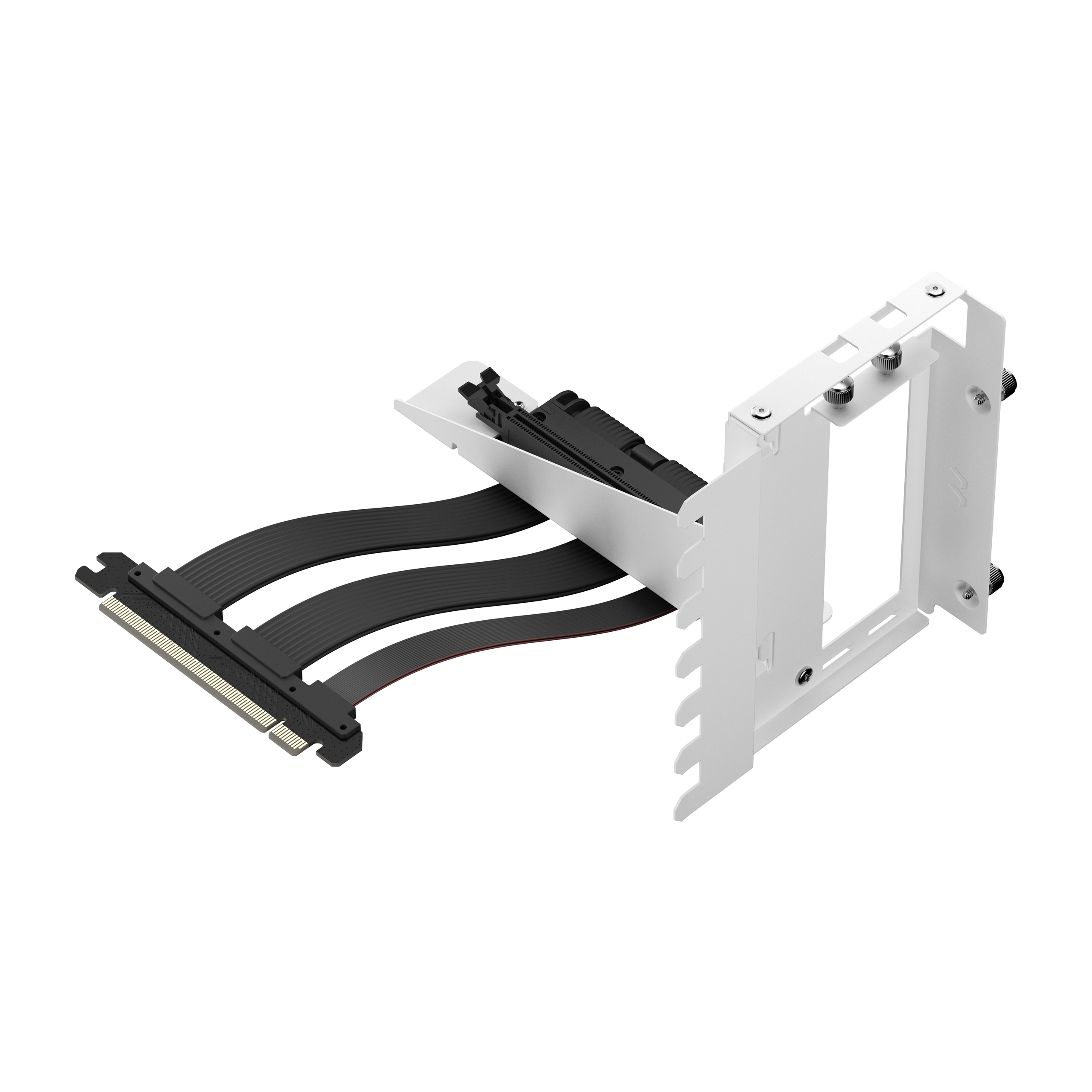 Ein zusammengebautes Computerkomponentenset, eine weiße Metallstruktur mit einem schwarzen Flachbandkabel.