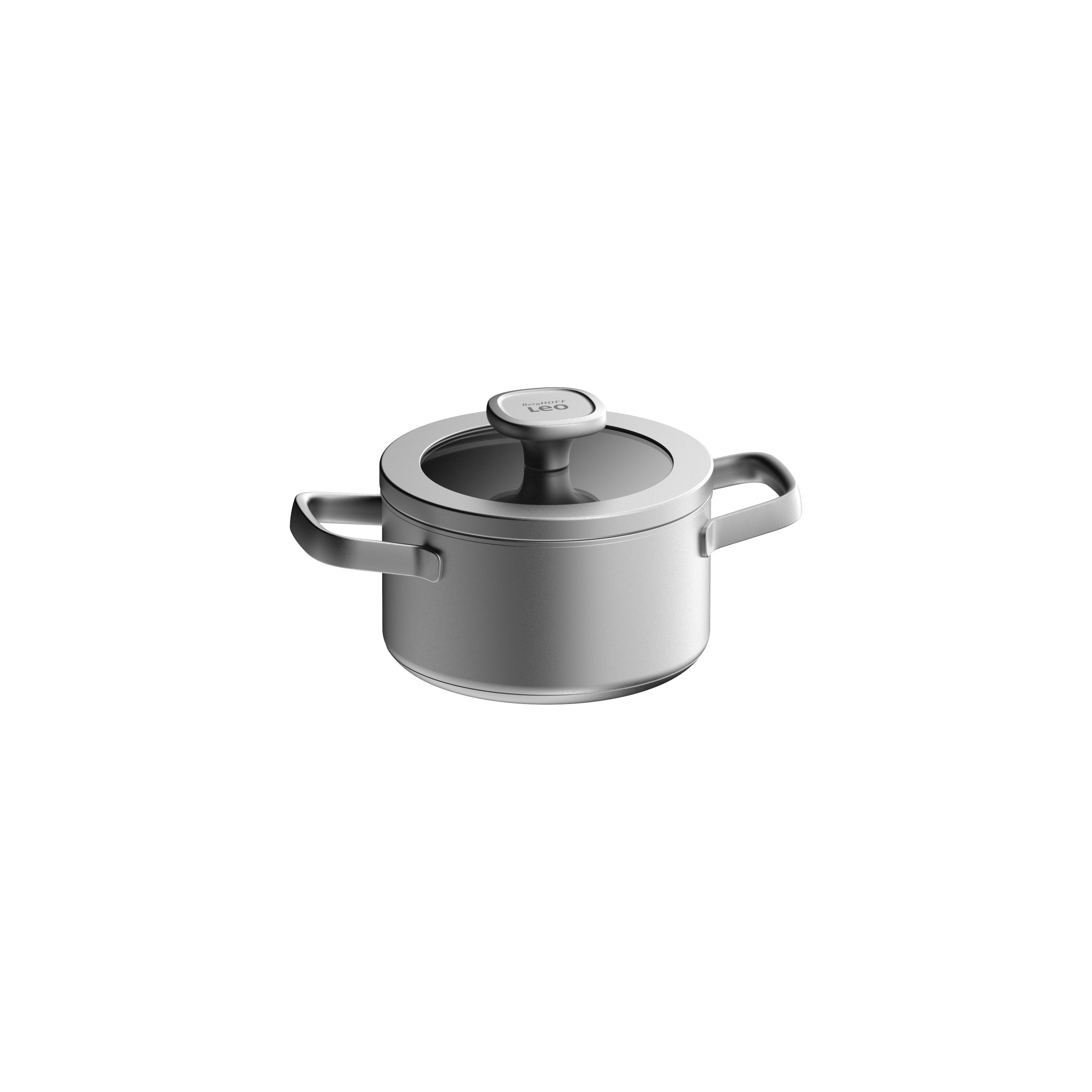 Zilveren kookpot met een glazen deksel en twee handvatten.