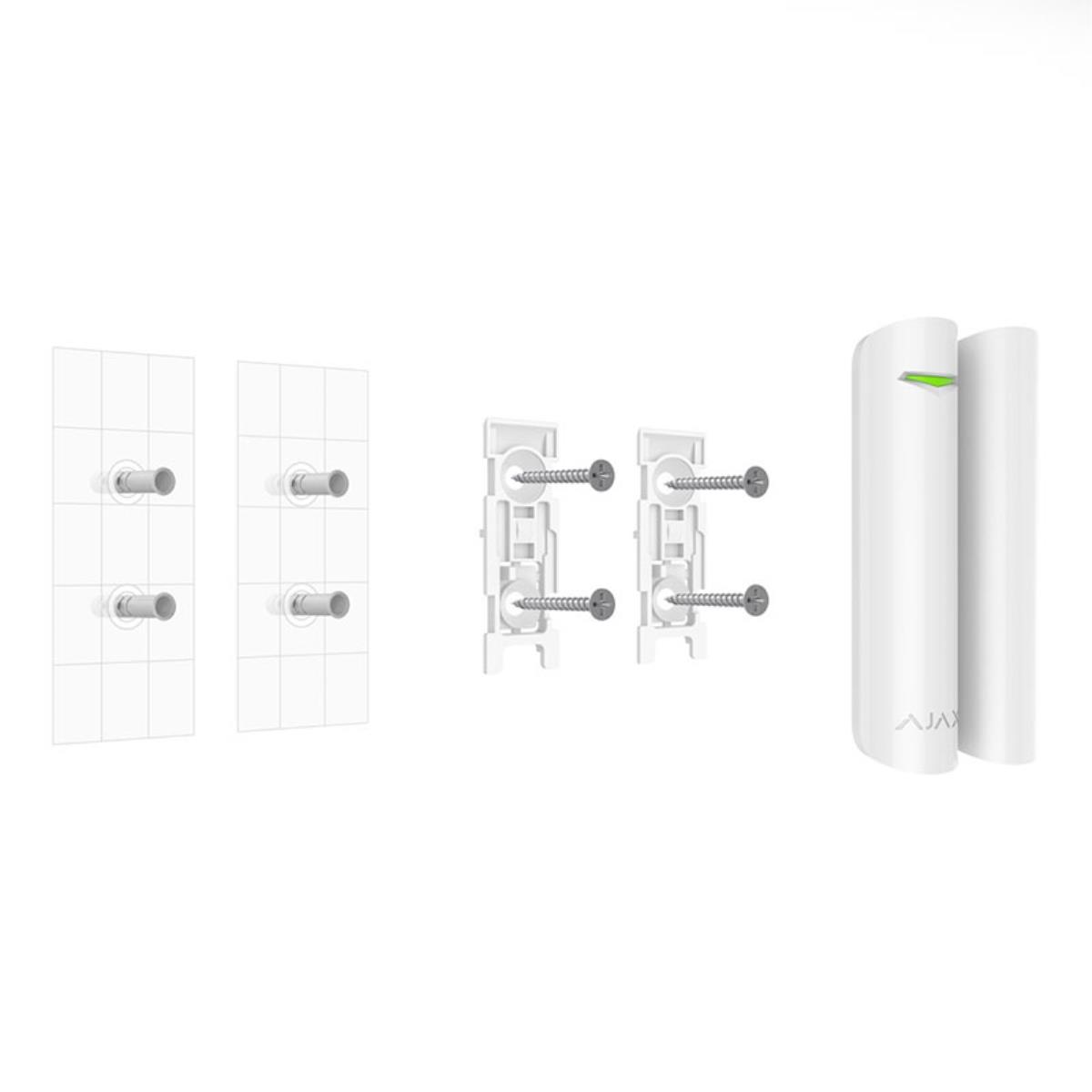 Componentes del sensor de puerta blancos y hardware de montaje, marca AJAX.