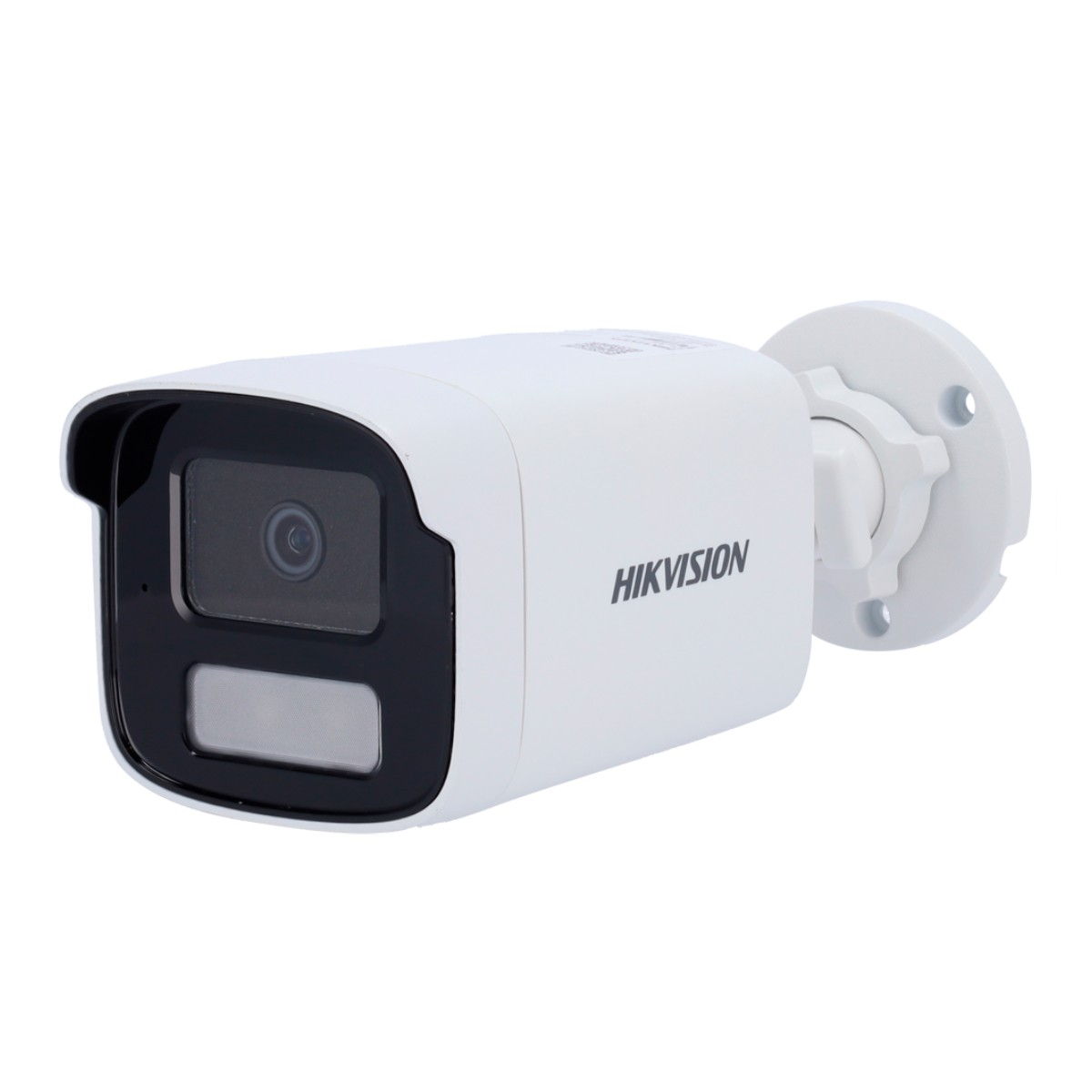 Weiße Hikvision-Überwachungskamera mit schwarzem Objektiv, auf weißem Hintergrund.
