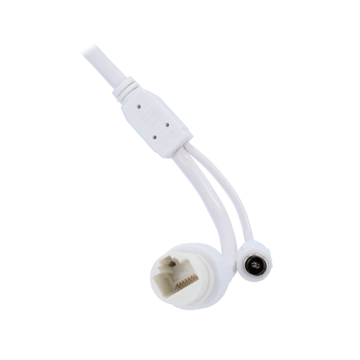 Weißes Netzwerkkabel mit Stecker auf weißem Hintergrund.