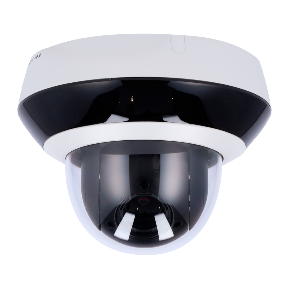 Kamera kopułkowa z czarno-białym designem, zamontowana na białym suficie.