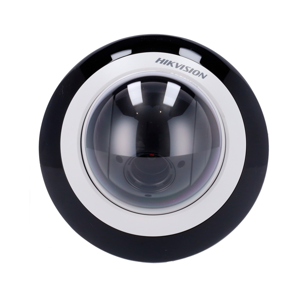 Kamera kopułkowa z czarno-białym designem. Marka to Hikvision.