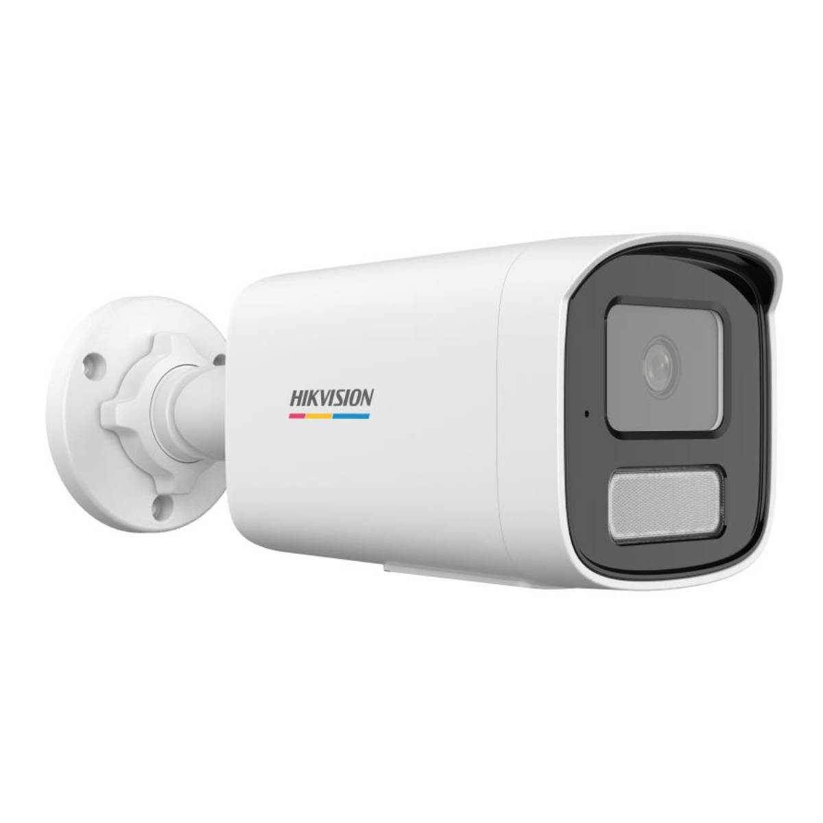 Weiße Hikvision-Sicherheitskamera mit Objektiv, Lautsprecher und Halterung.