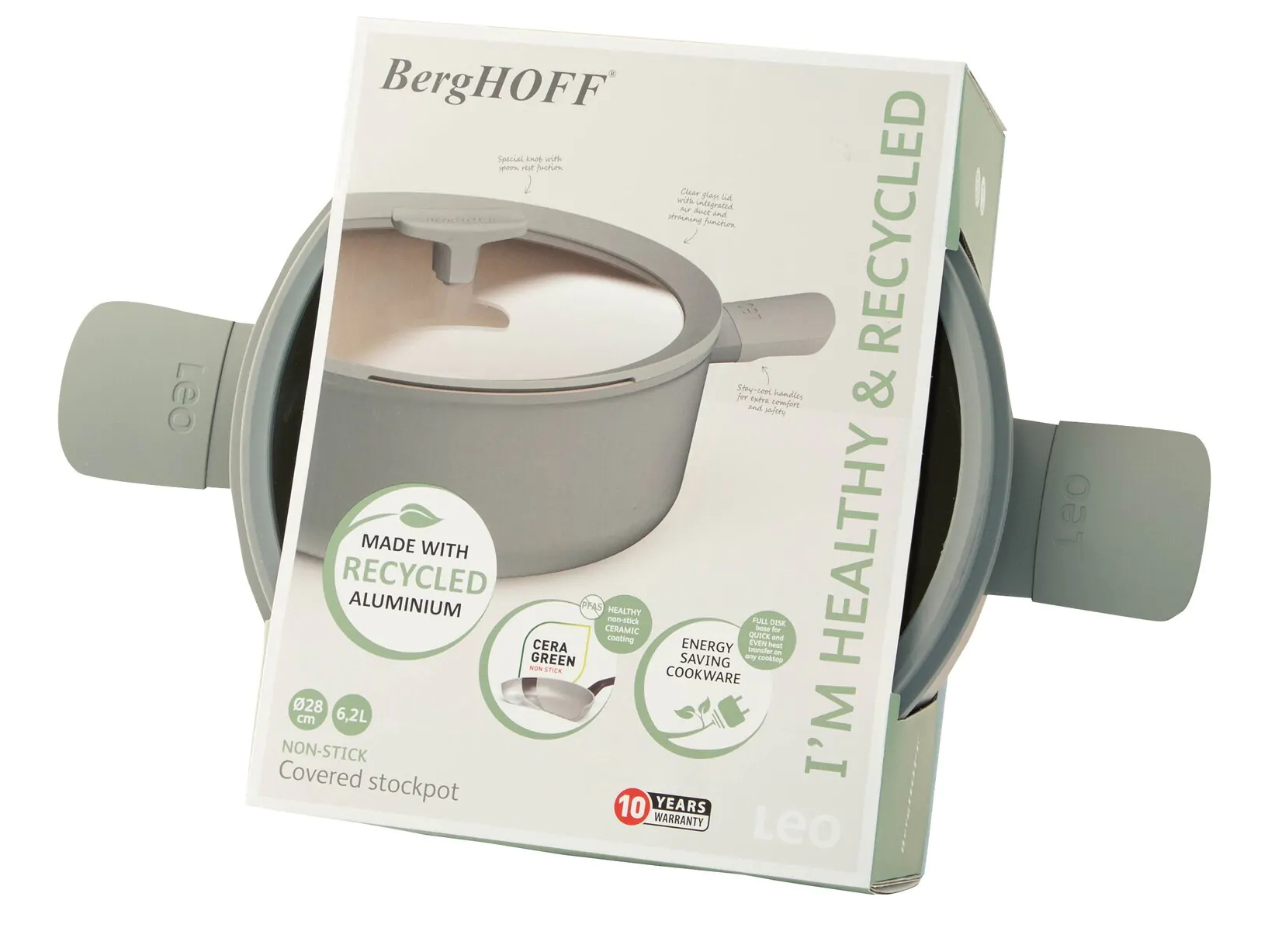 Grijze pot met verpakking, tekst en groen blad.
