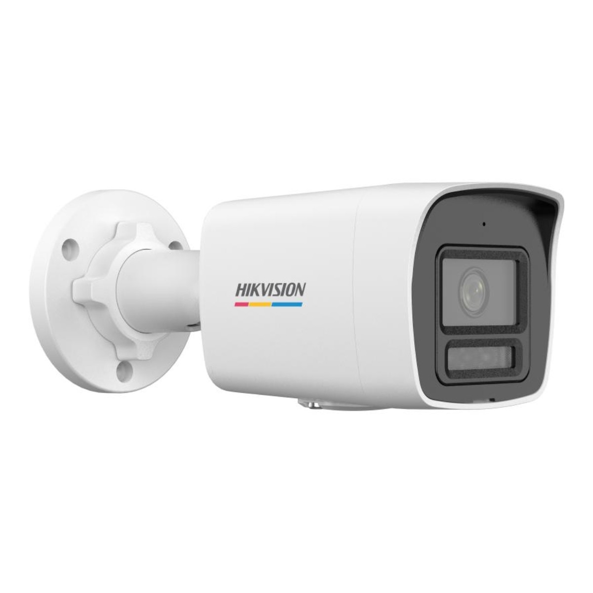 Weiße Überwachungskamera an einer Wand montiert. Sie hat ein Objektiv, und das Hikvision-Logo ist sichtbar.