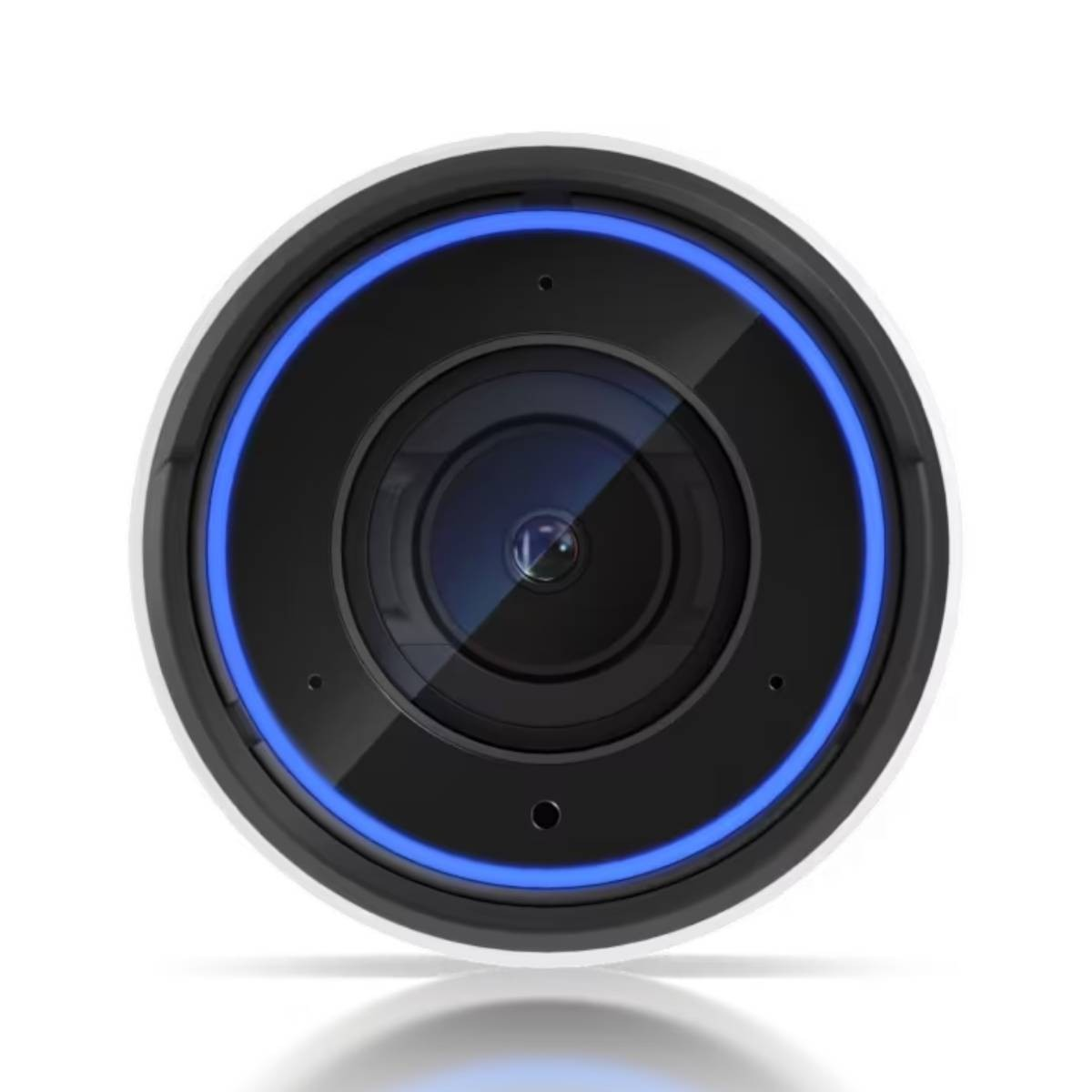 Okrągła czarno-biała kamera z niebieskim pierścieniem świetlnym.