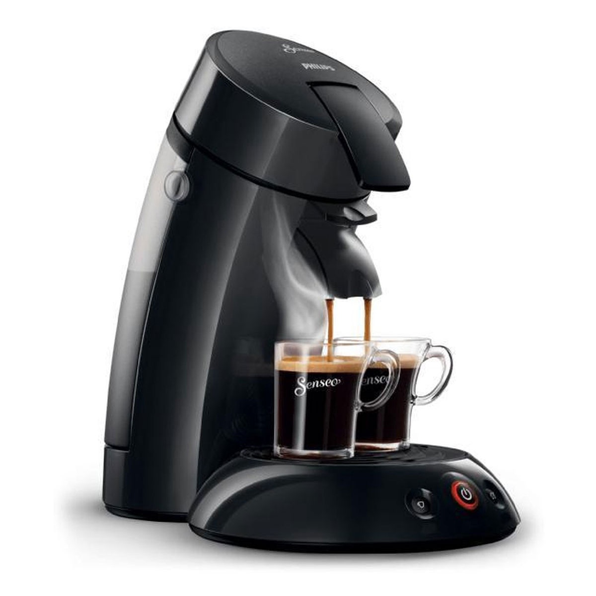 Czarny ekspres do kawy Philips Senseo. Dwie przezroczyste filiżanki pod kranami, wypełnione kawą.