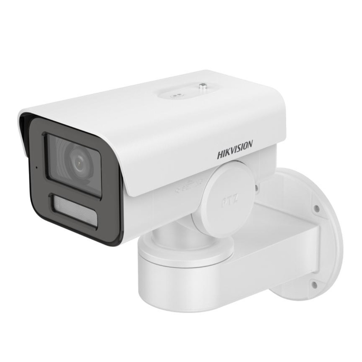 Weiße Hikvision-Überwachungskamera mit Objektiv. Sie ist an einer weißen Halterung befestigt.