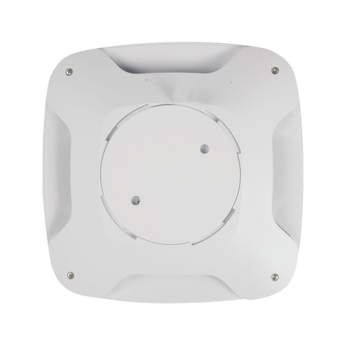 Un dispositivo bianco, quadrato, montato a soffitto con quattro fori per viti.