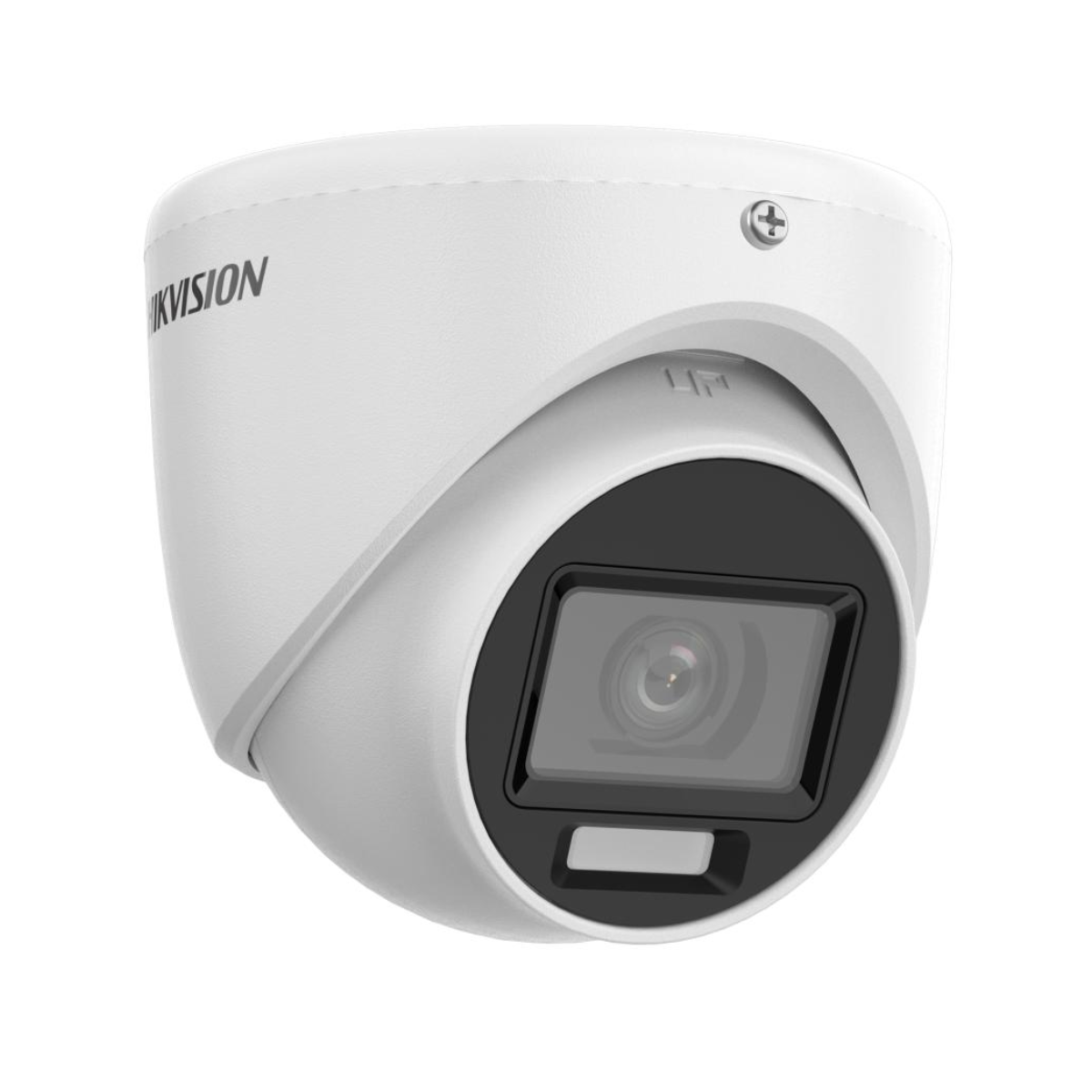 Biała kamera kopułkowa z czarnym obiektywem i napisem HIKVISION po lewej stronie.