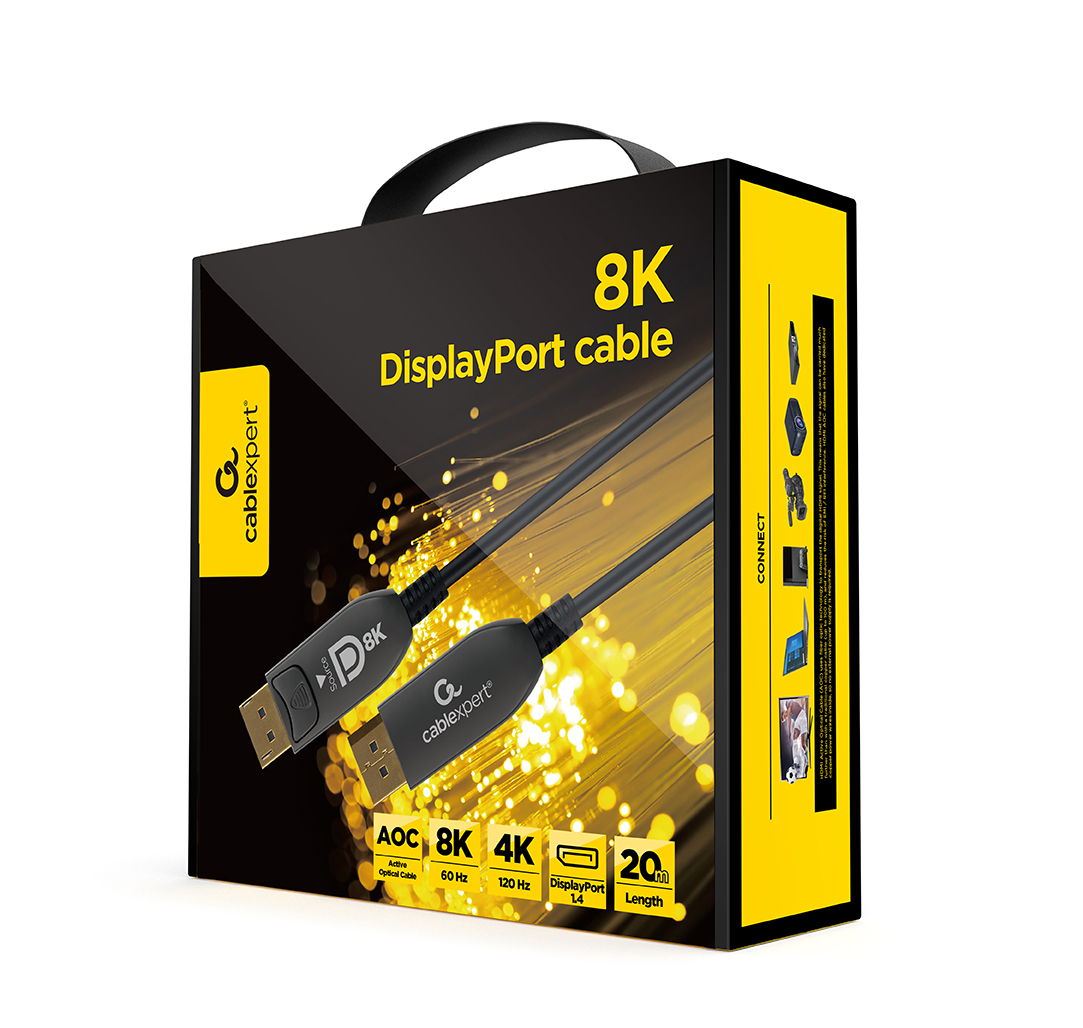 Czarno-żółte pudełko z obrazem kabla DisplayPort i tekstem. 8K, 4K, 20m.