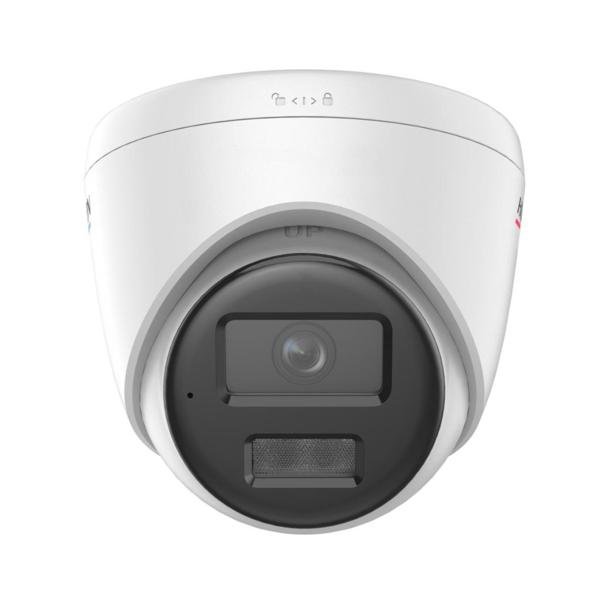 Weiße Dome-Überwachungskamera mit schwarzem Objektiv und dem Wort HIKVISION. Oben ist ein Schloss-Symbol.