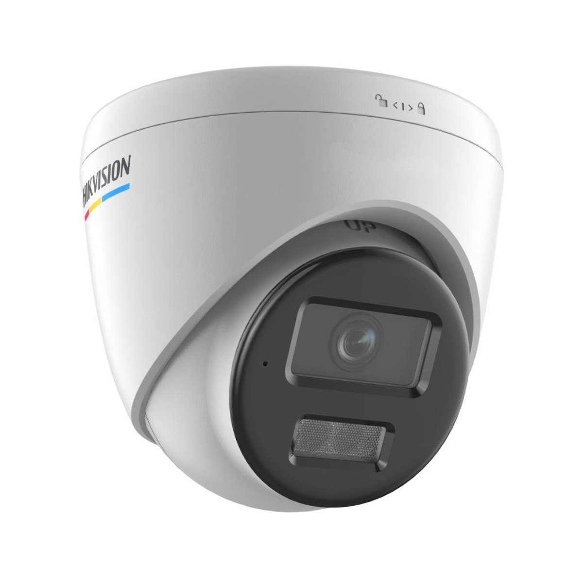 Weiße Dome-Kamera mit schwarzem Objektiv und dem Wort HIKVISION auf der linken Seite. Oben ist ein Schloss-Symbol.