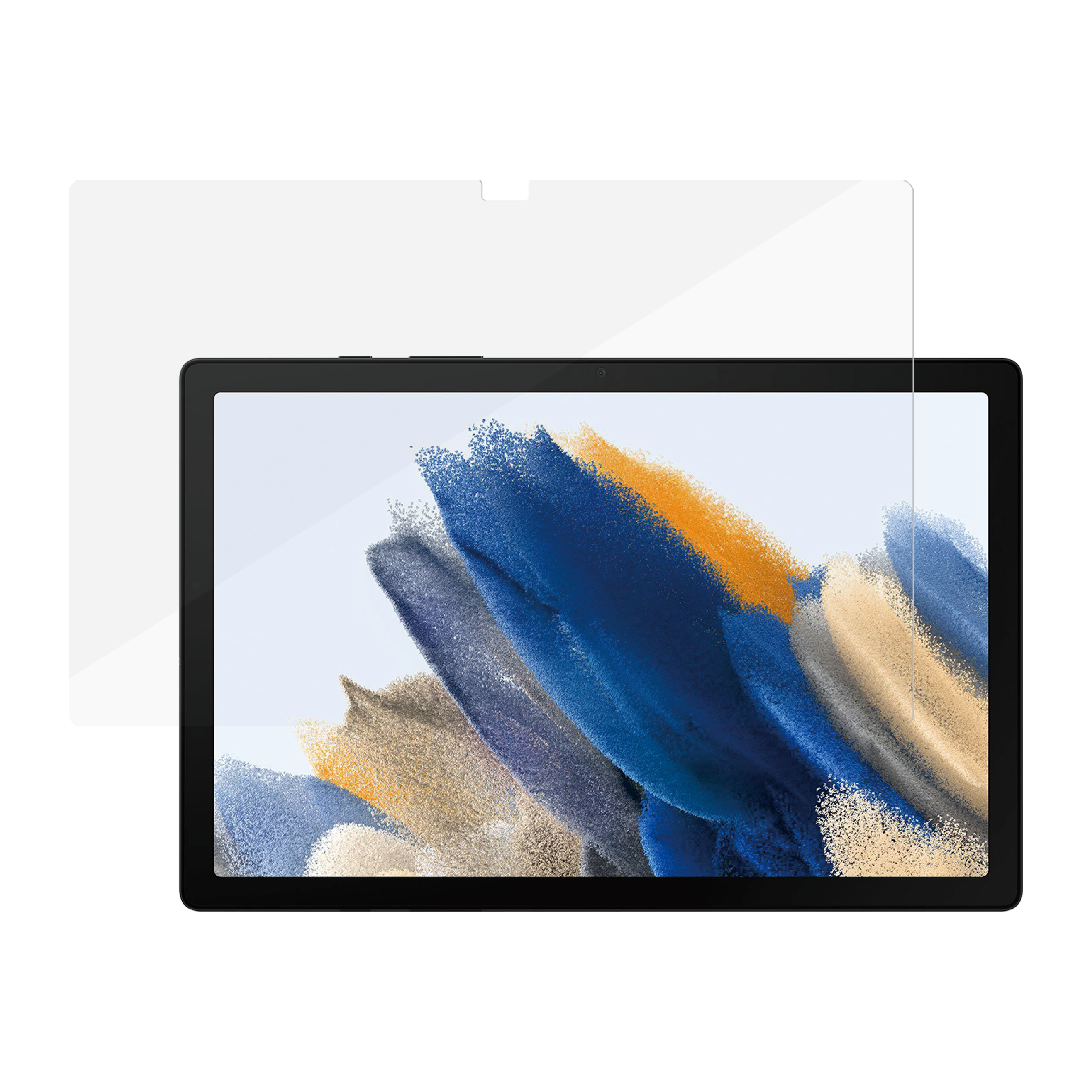 Tablet con protezione schermo. Lo schermo mostra un design astratto colorato.