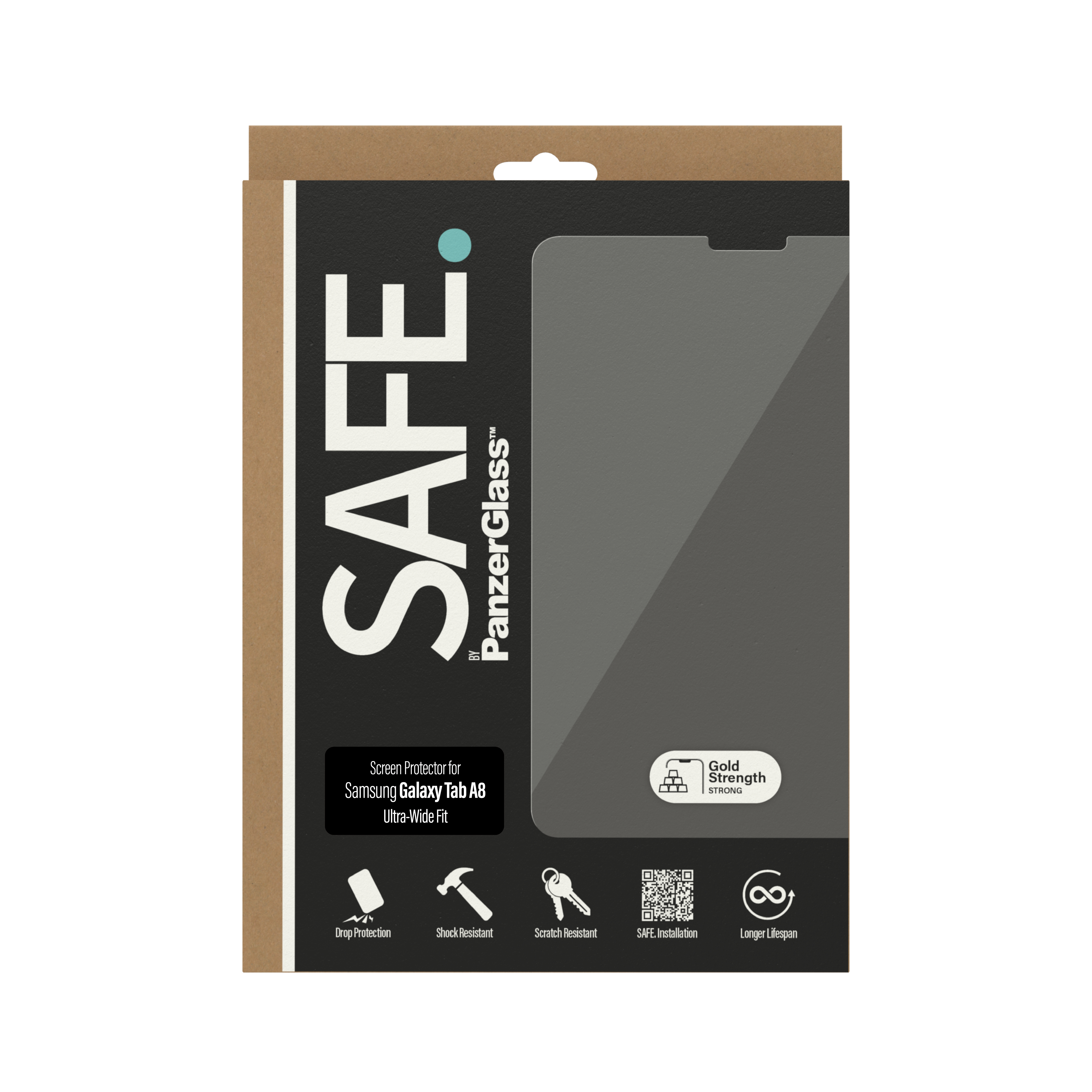 Proteggi schermo in scatola per Samsung Galaxy Tab A8 con grafica e testo.