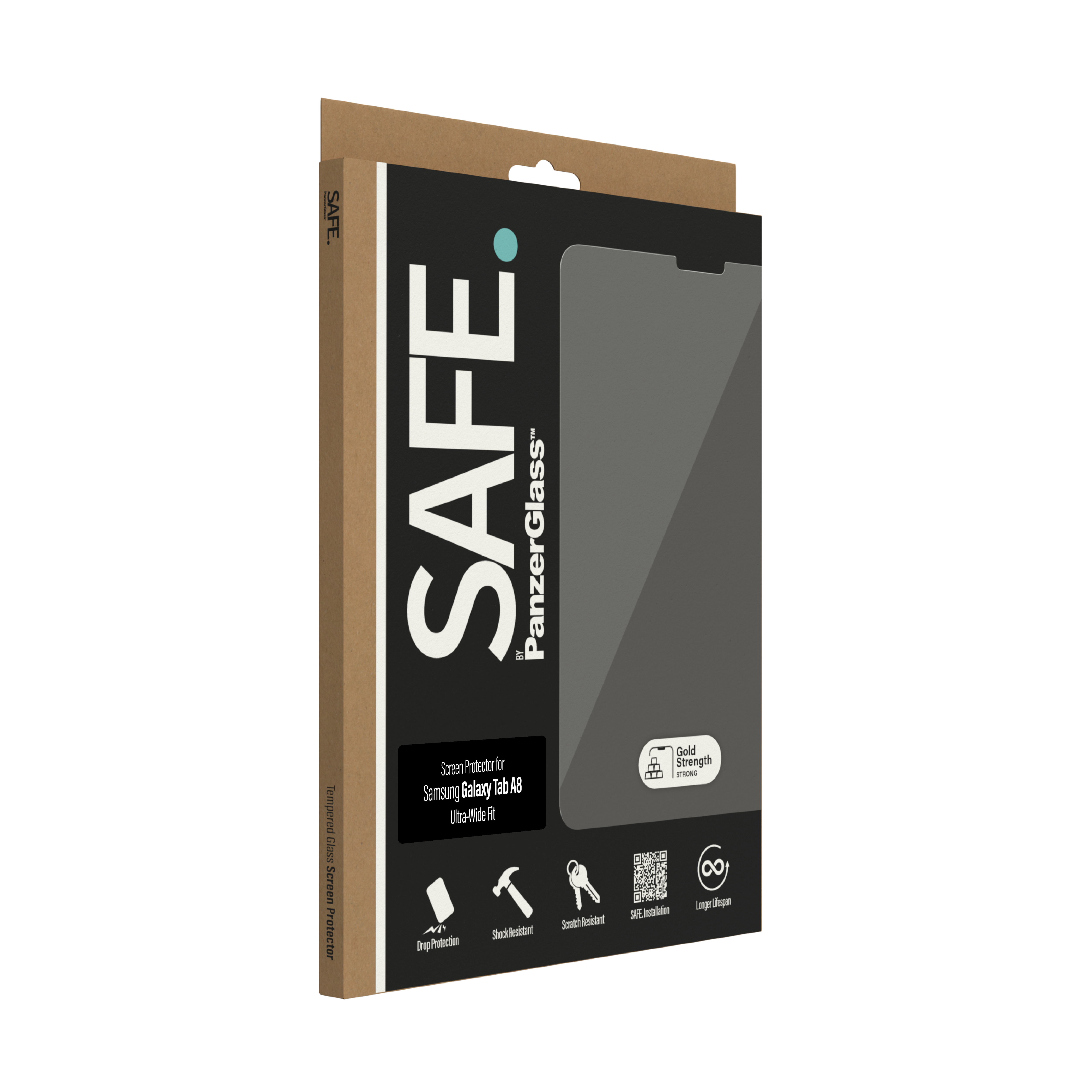 Una confezione di protezione schermo su sfondo bianco. La confezione ha i loghi PanzerGlass e SAFE.