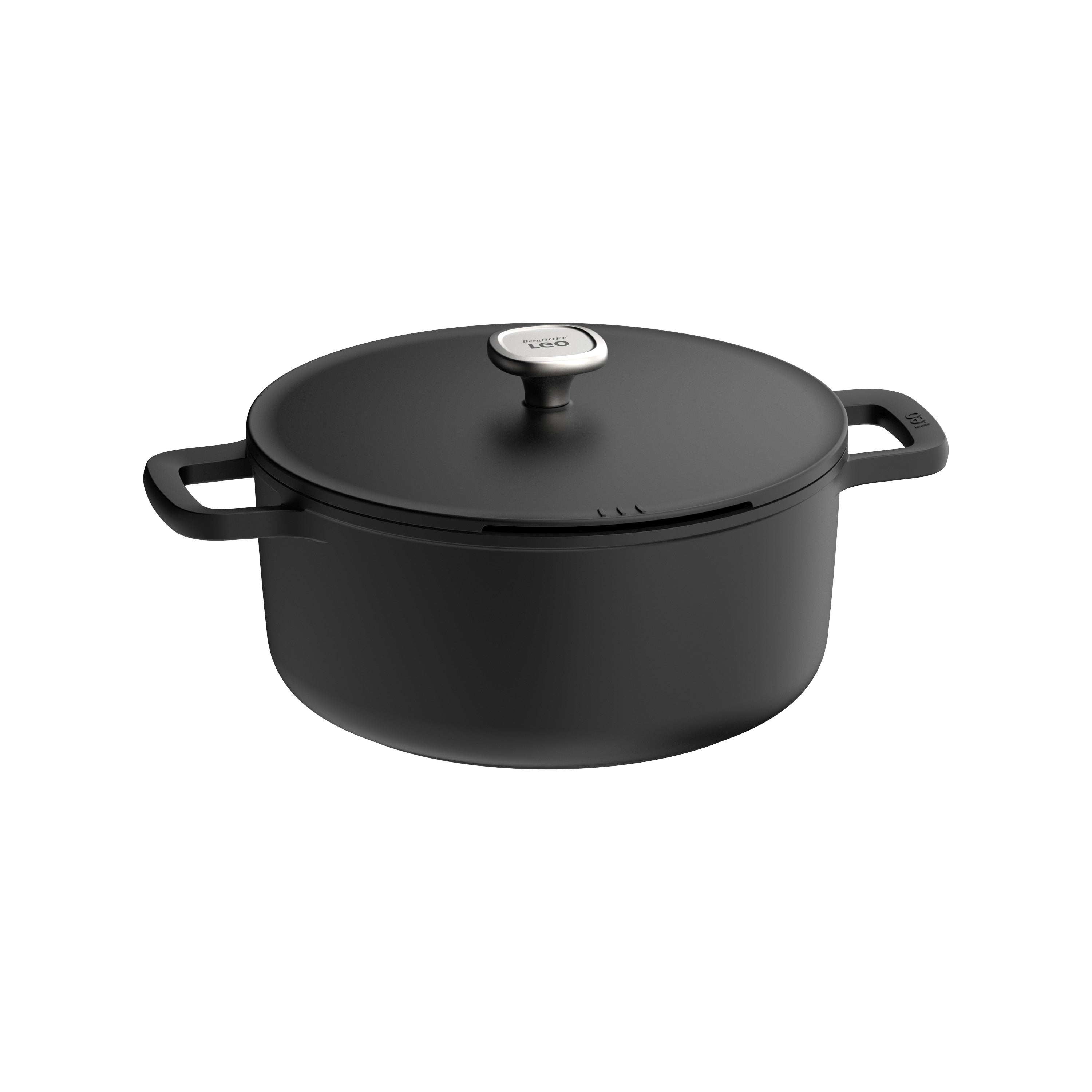 Zwarte kookpot met deksel. De merknaam 'LEO' is zichtbaar op het deksel.