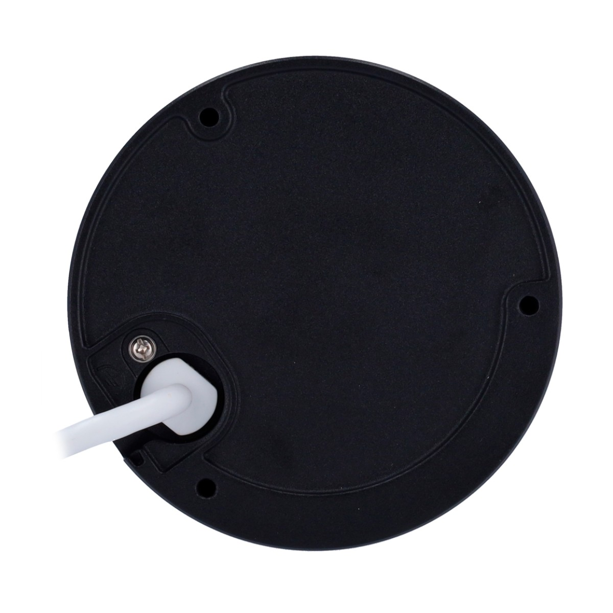 Widok od dołu czarnego urządzenia z białym kablem. Na urządzeniu znajdują się trzy małe otwory.