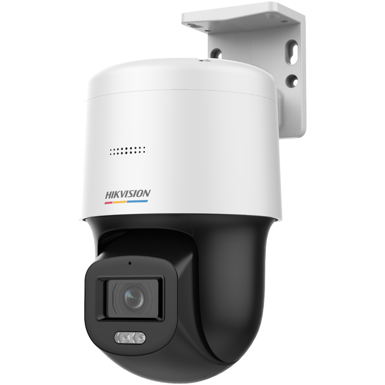 Telecamera di sicurezza bianca e nera con cupola. Il marchio è 'HIKVISION'.