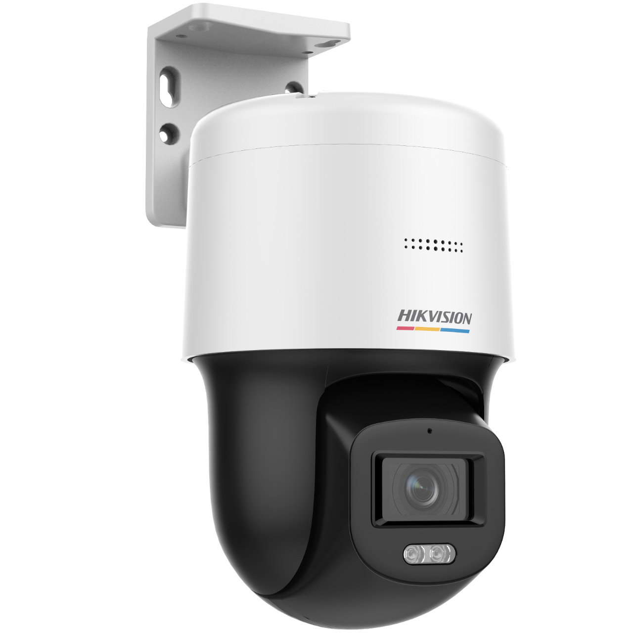 Telecamera di sicurezza bianca e nera con 'HIKVISION' e logo colorato sopra.