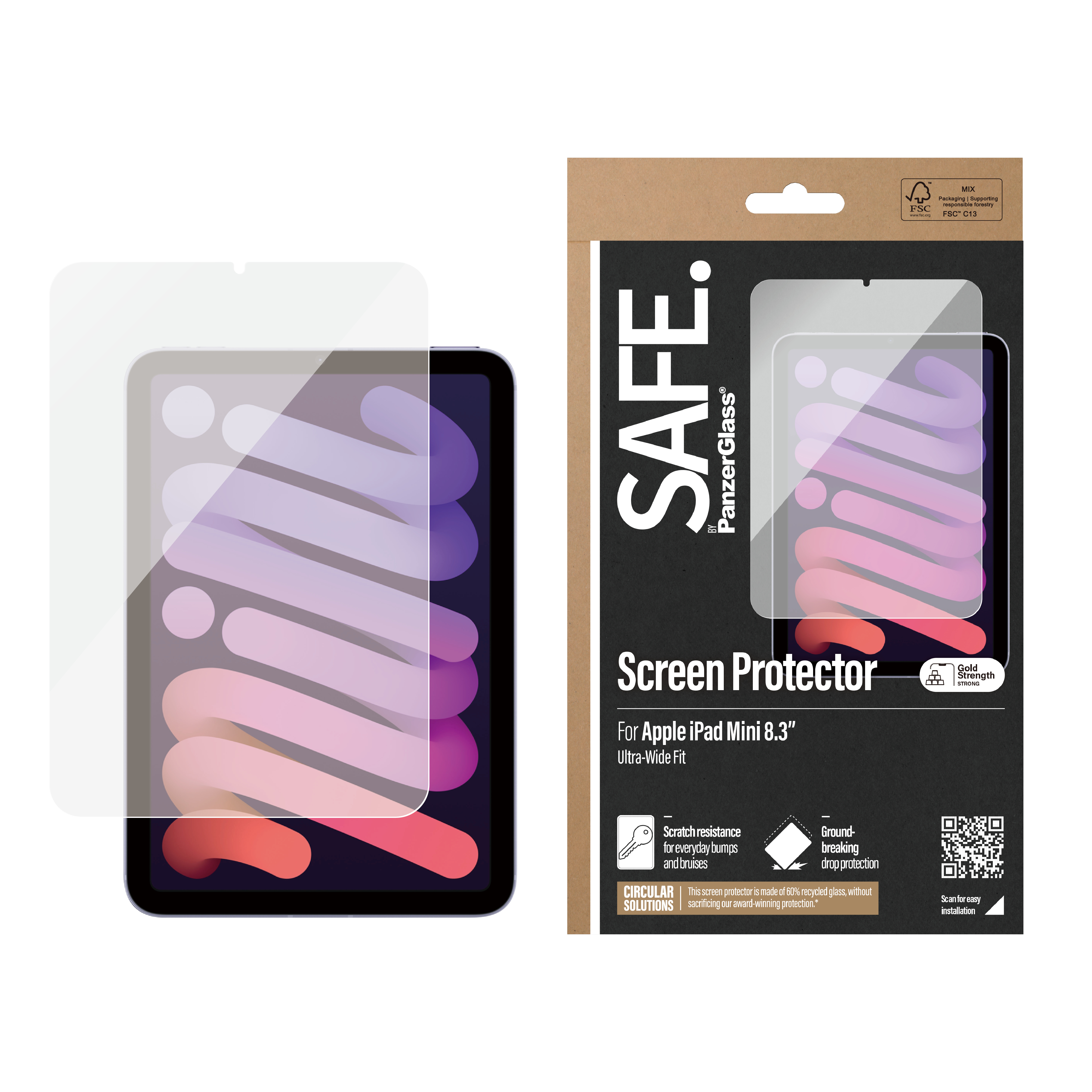 Confezione di protezione schermo con un iPad. Dice SAFE. Protezione schermo PanzerGlass.