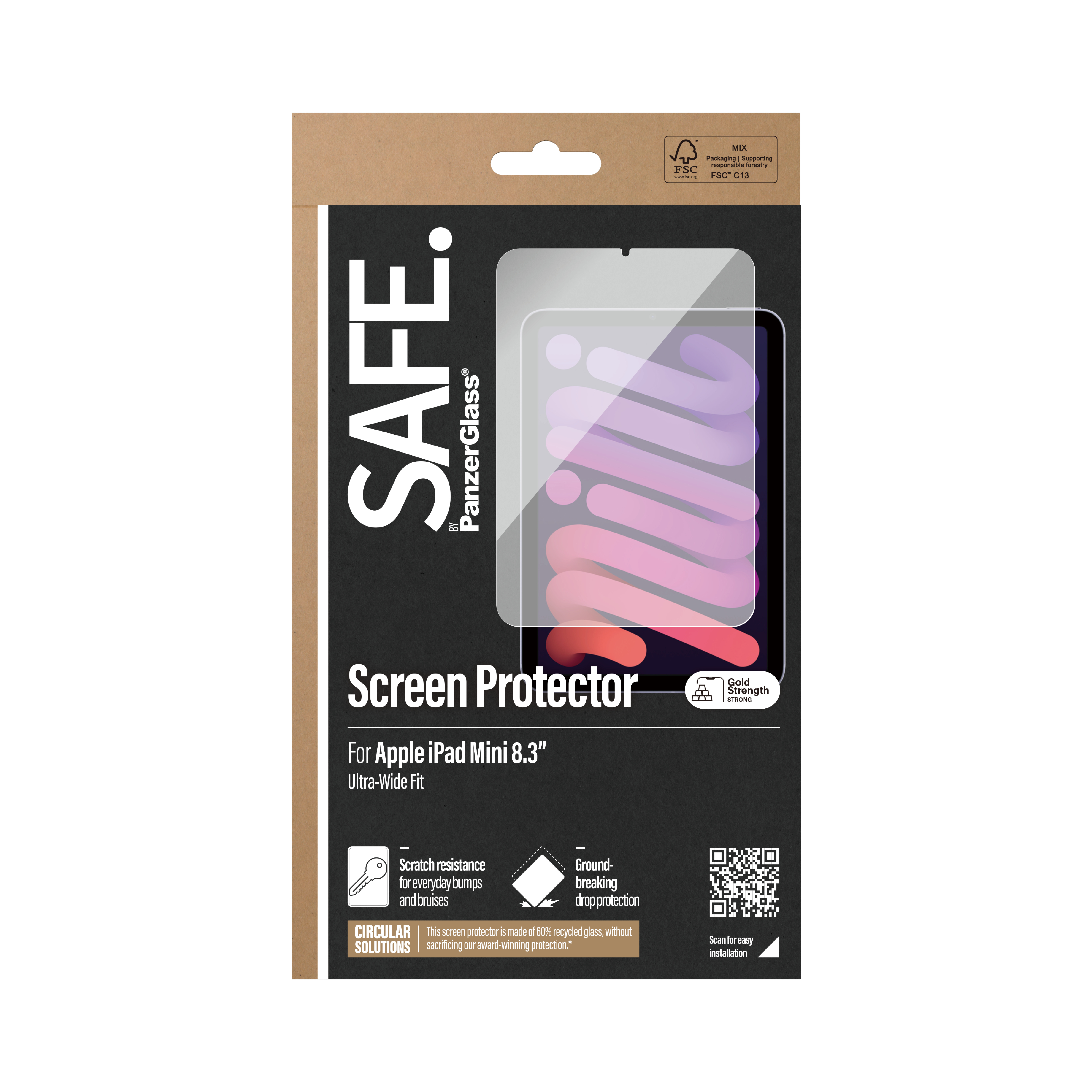 Confezione di protezione schermo con un iPad. Dice SAFE. Protezione schermo PanzerGlass.