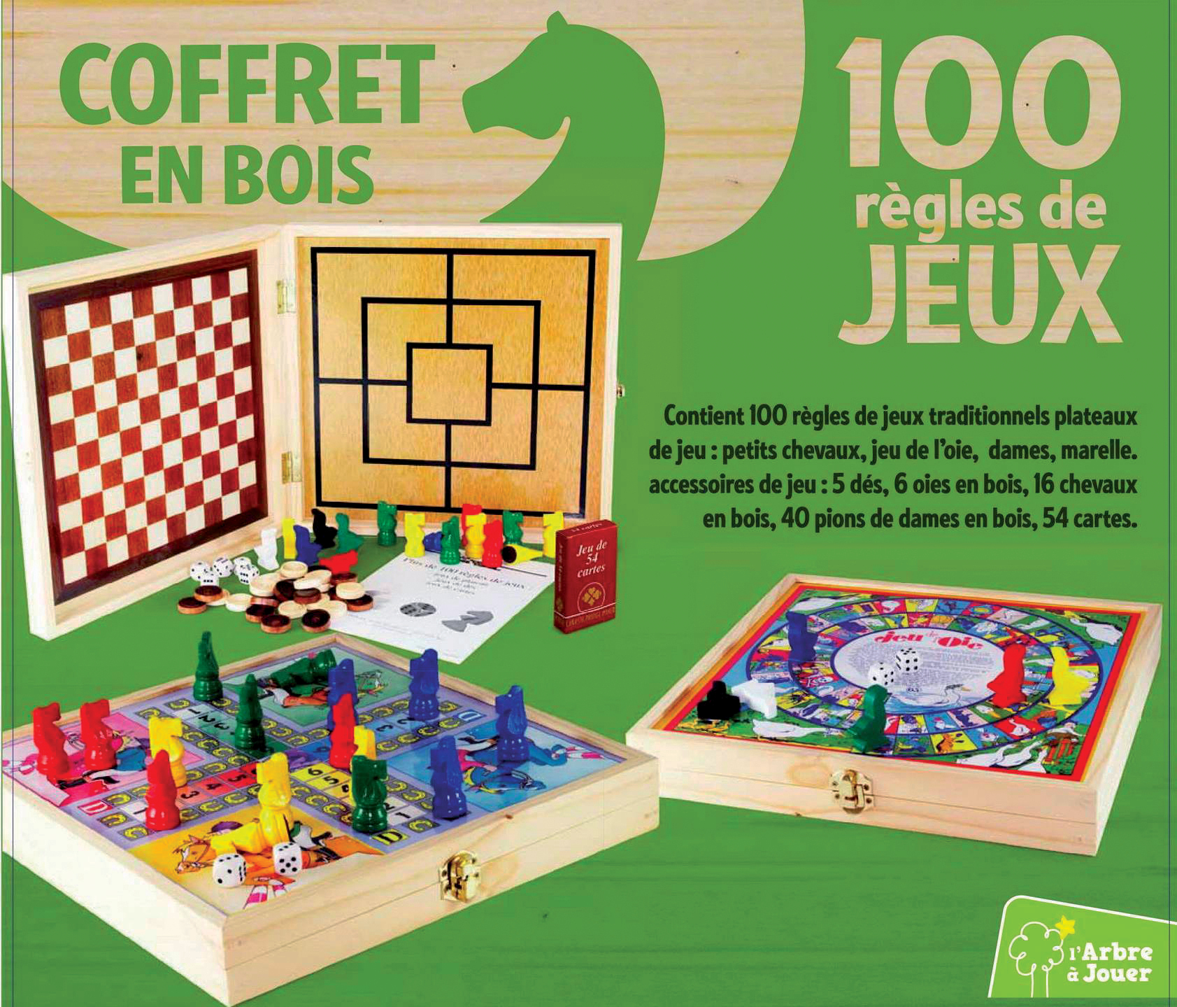 Zestaw drewnianych pudełek z grami planszowymi, w tym szachami i innymi. Zawiera kostki i karty.