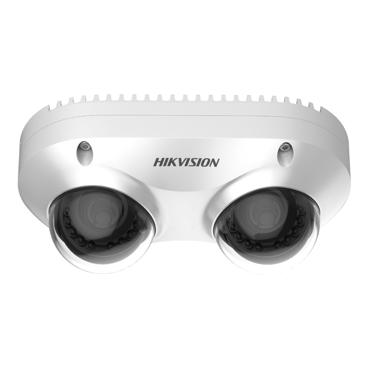 Biała kamera bezpieczeństwa Hikvision z podwójnym obiektywem. Obiektywy są pokryte przezroczystą, zaokrągloną osłoną.