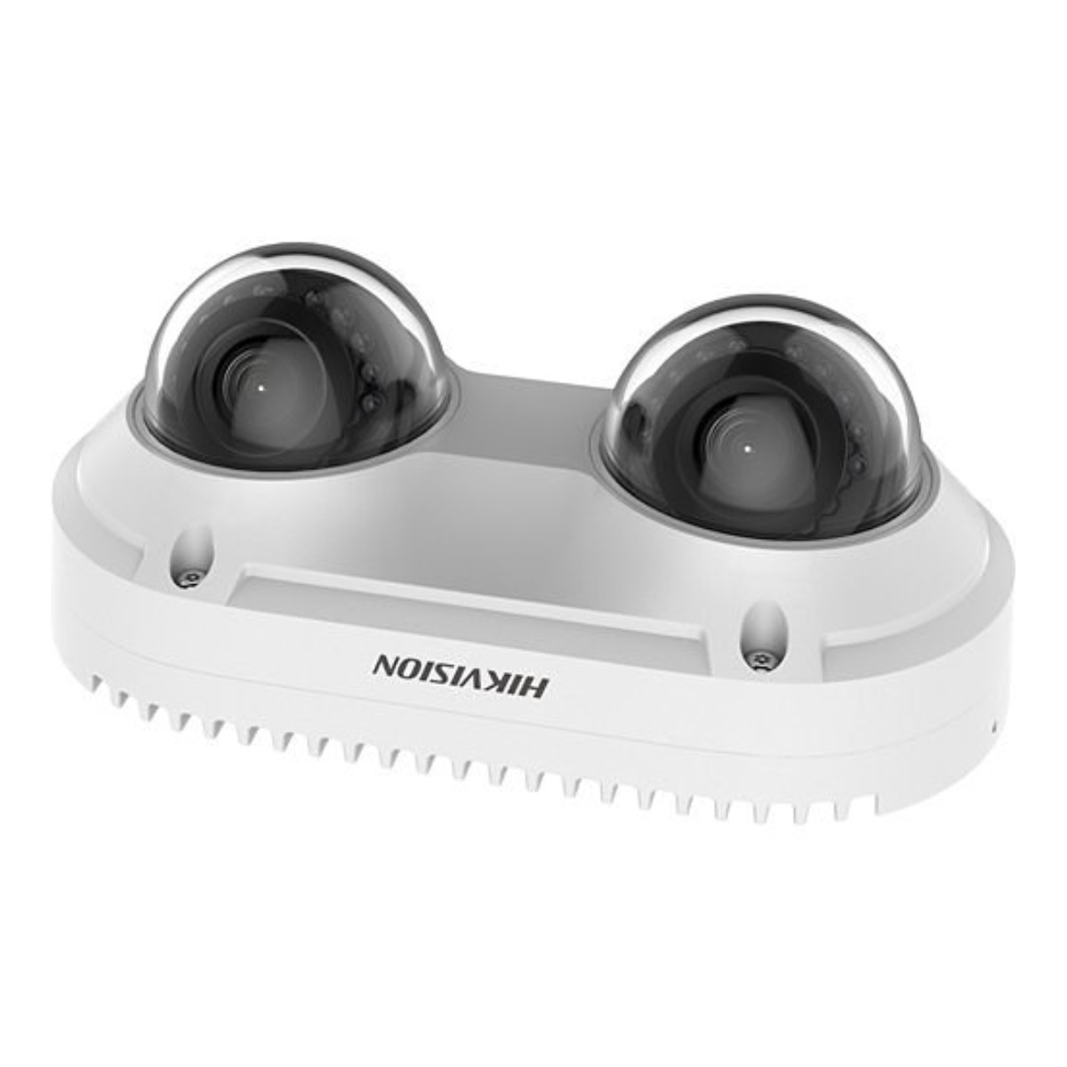 Biała kamera bezpieczeństwa z dwoma czarnymi obiektywami kopułkowymi i logo HIKVISION.