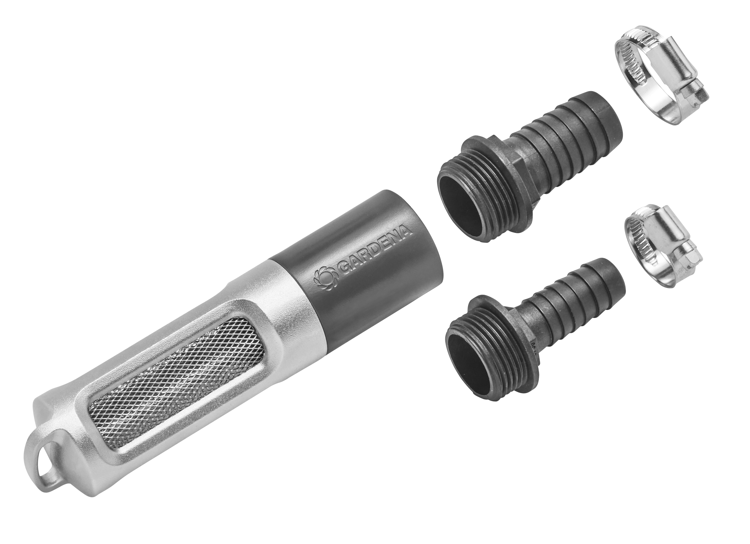 Części filtra Gardena. Filtr, dwa łączniki i dwie metalowe zaciski.