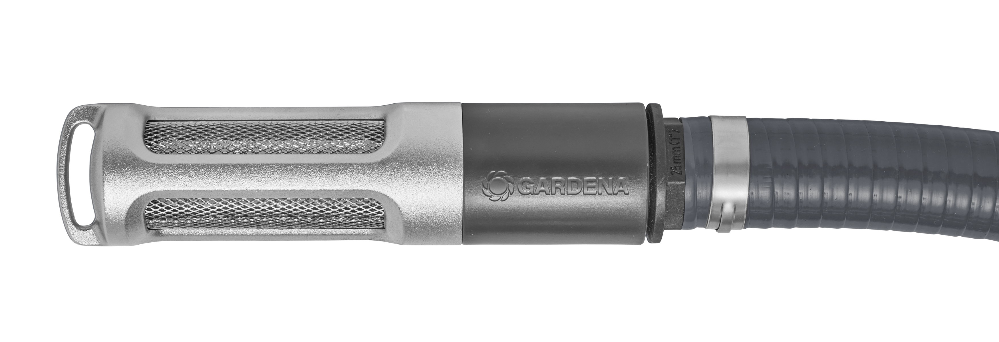Część filtra Gardena połączona z szarym wężem z metalową zaciską.
