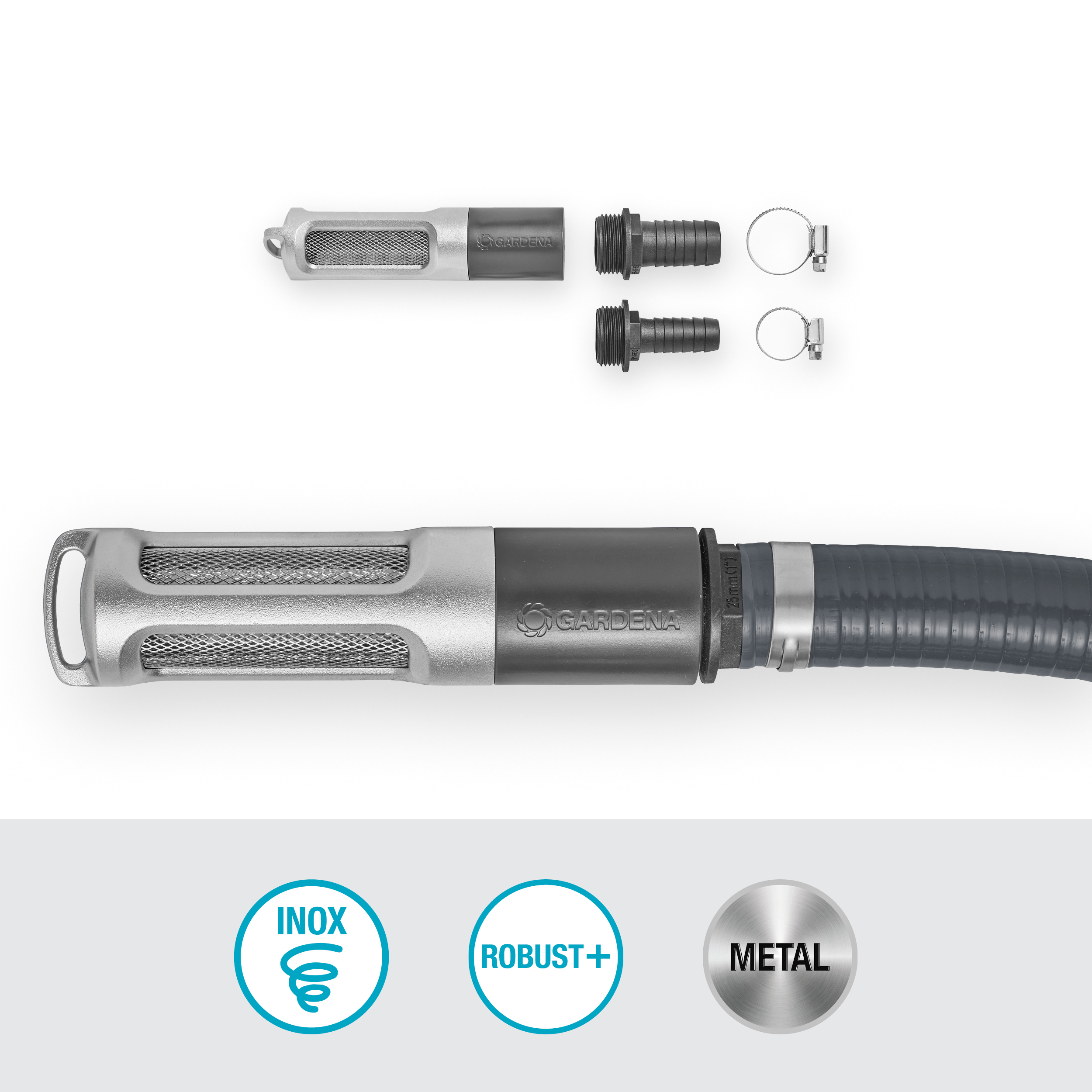 Filtr wody Gardena z przyłączami do węża i metalowymi elementami, z widocznym logo marki.