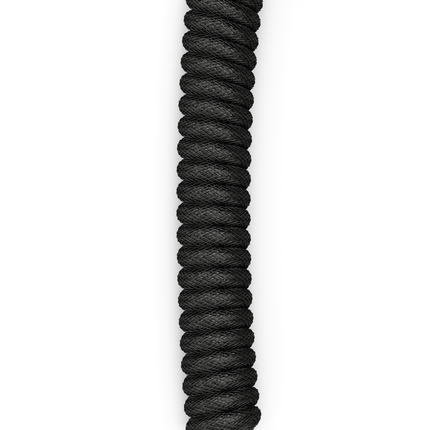 Cavo a spirale nero con connettore USB-C e connettore nero. È su sfondo bianco.