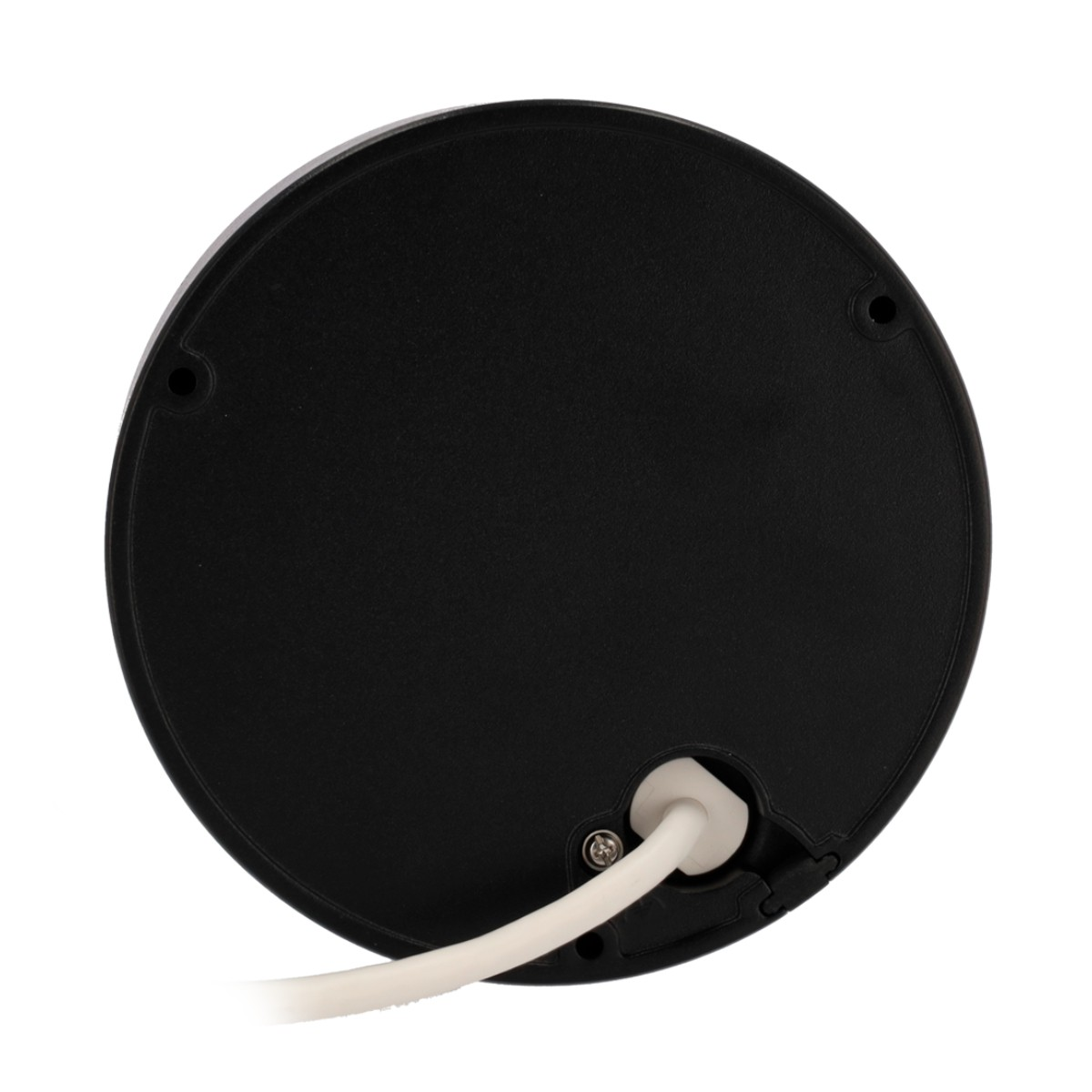 Czarny, okrągły element z białym kablem. Element jest na białym tle.