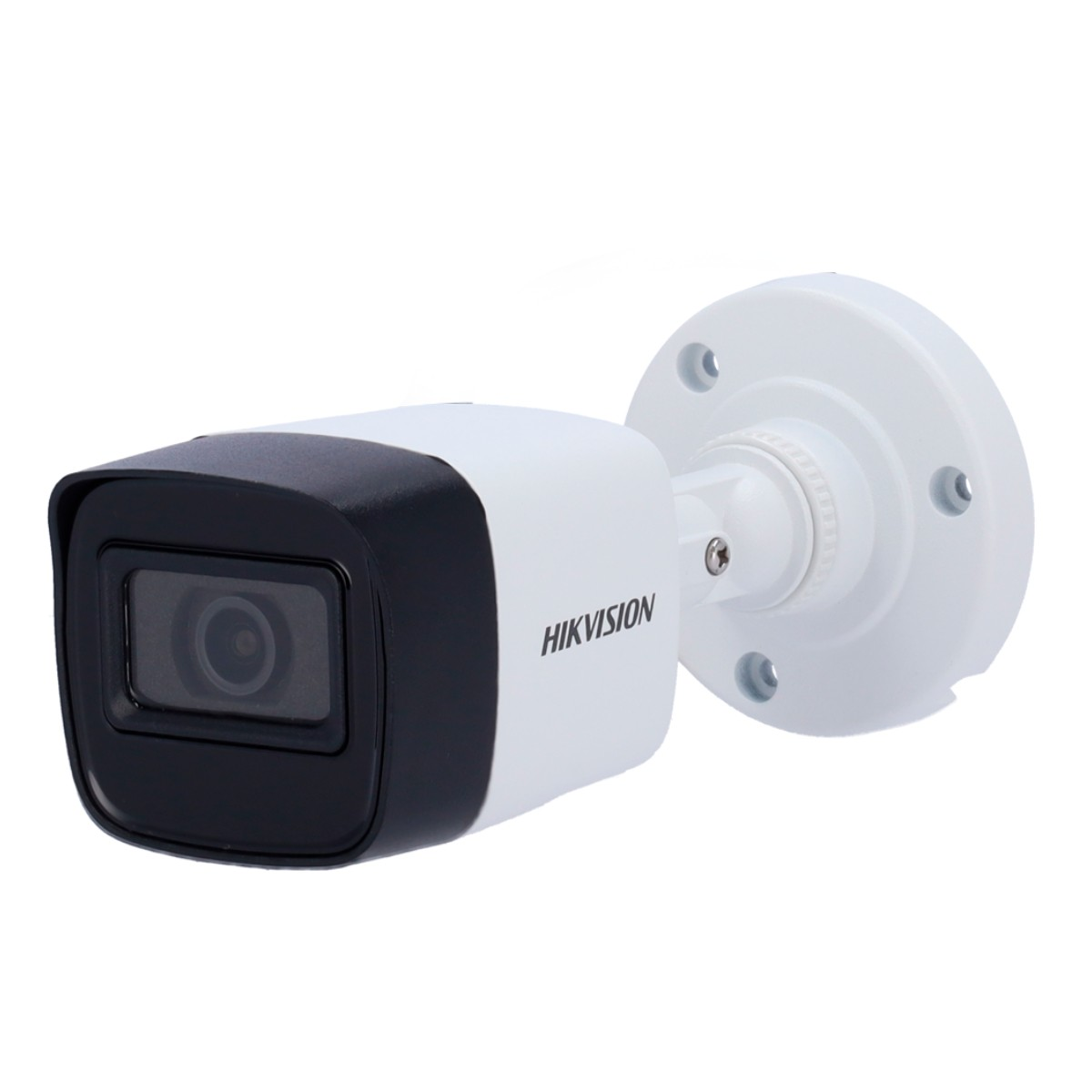 A white security camera with black details and the word 'HIKVISION' on it.