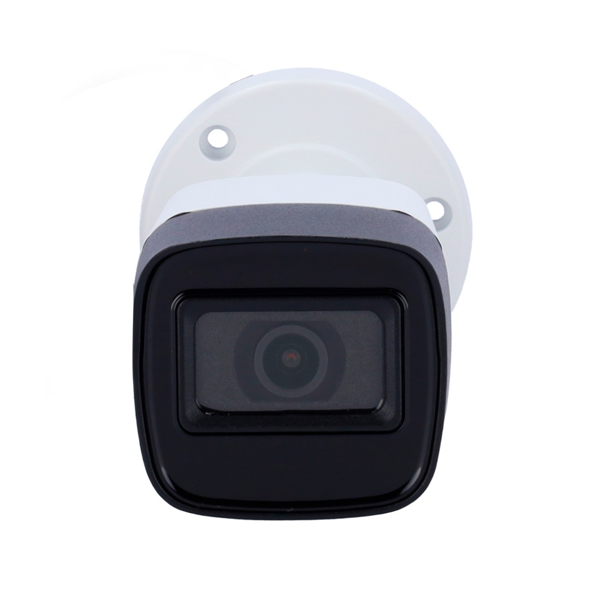 Black and white security camera. The camera has a square lens and is mounted on a white surface.