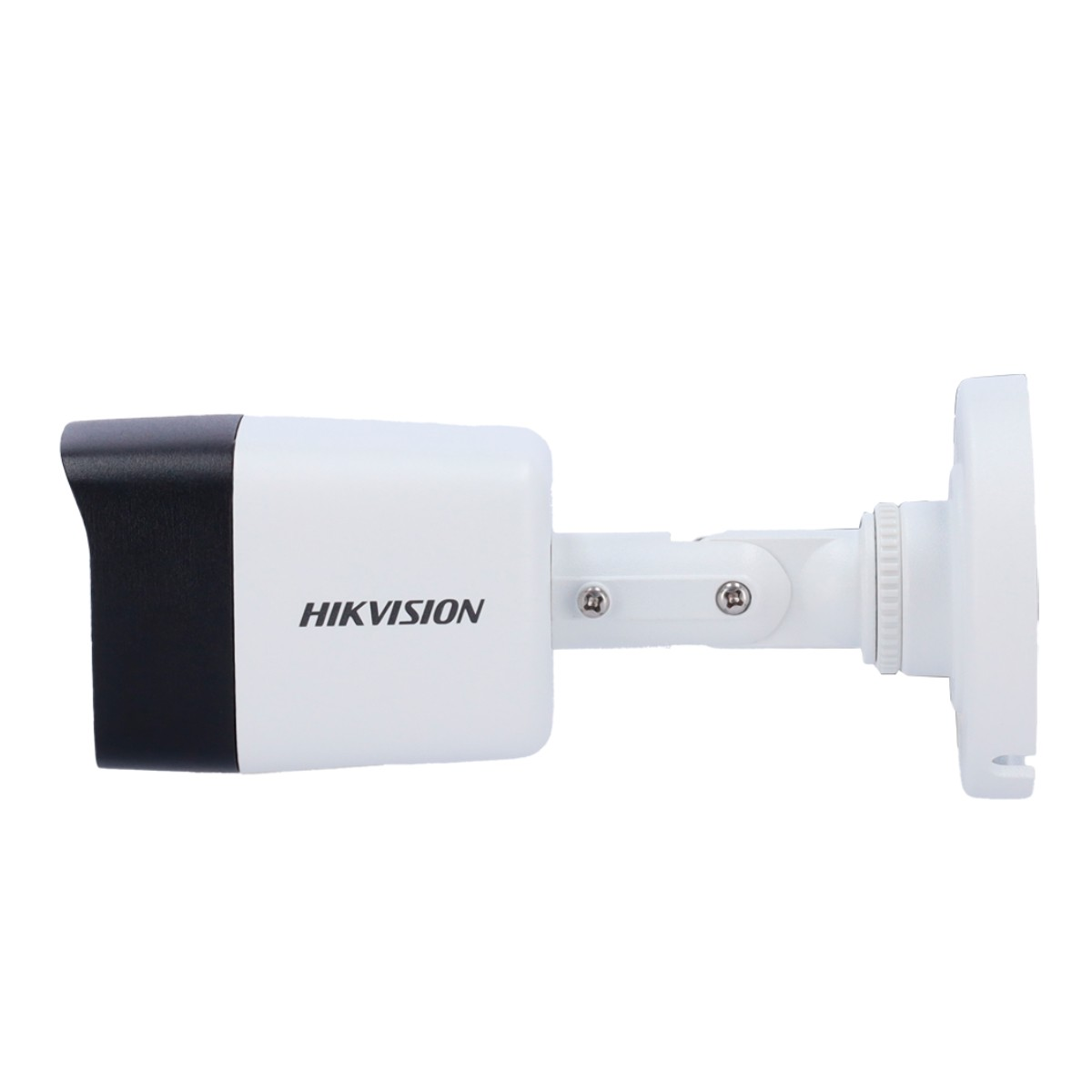 A white security camera with black details, and the word 'HIKVISION' on it.
