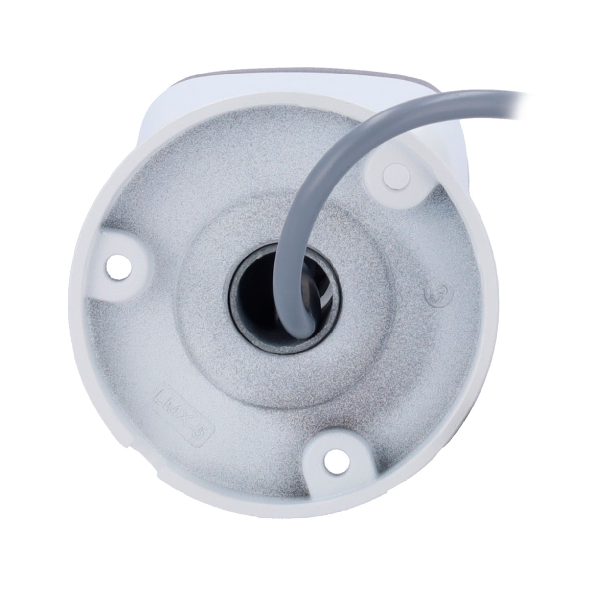 White mounting base with a gray cable. The base is attached to a white surface.