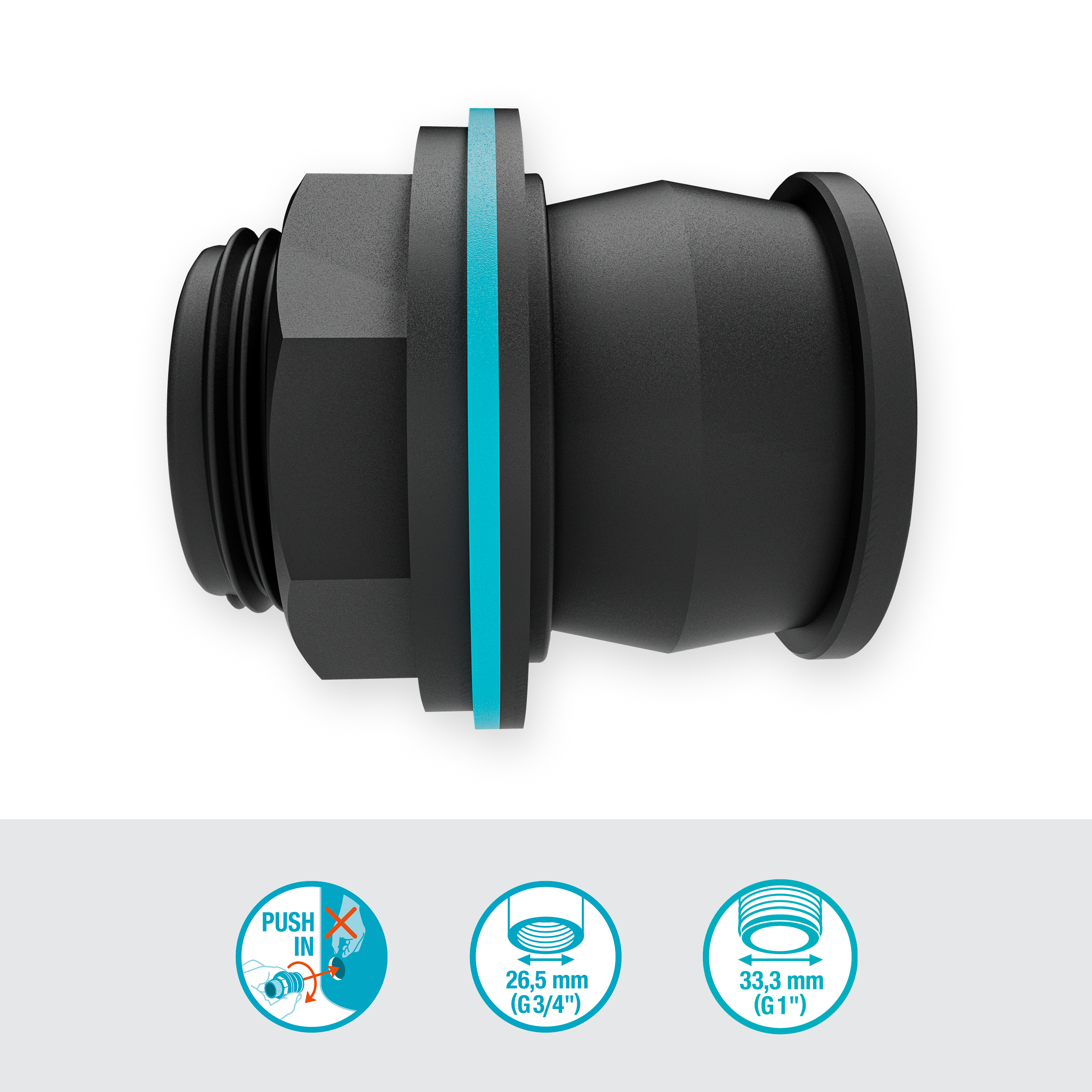 Schwarzer Stecker mit teal Ring. Drei Diagramme zeigen Abmessungen und Anschluss.