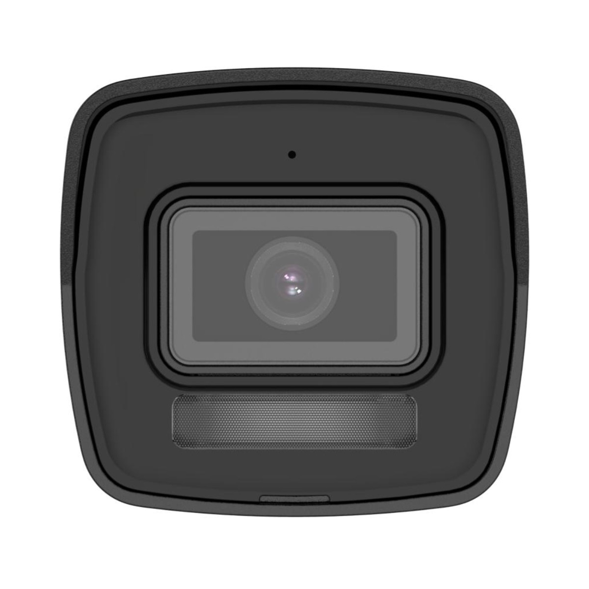 Black security camera with a dark lens. The camera is mounted on a white surface.