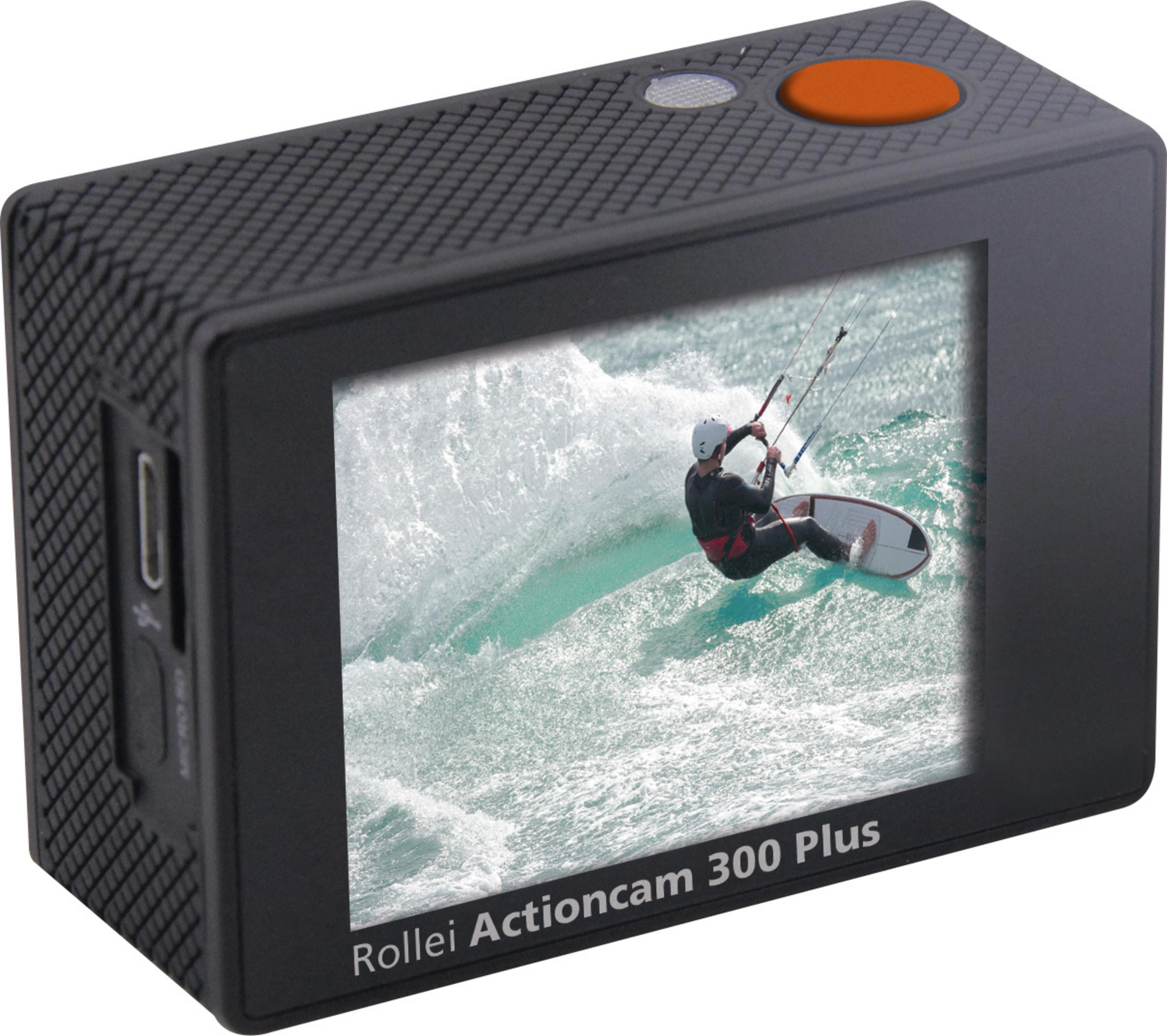 Cámara de acción negra muestra un surfista. Botón naranja arriba. Marca: Rollei Actioncam 300 Plus.