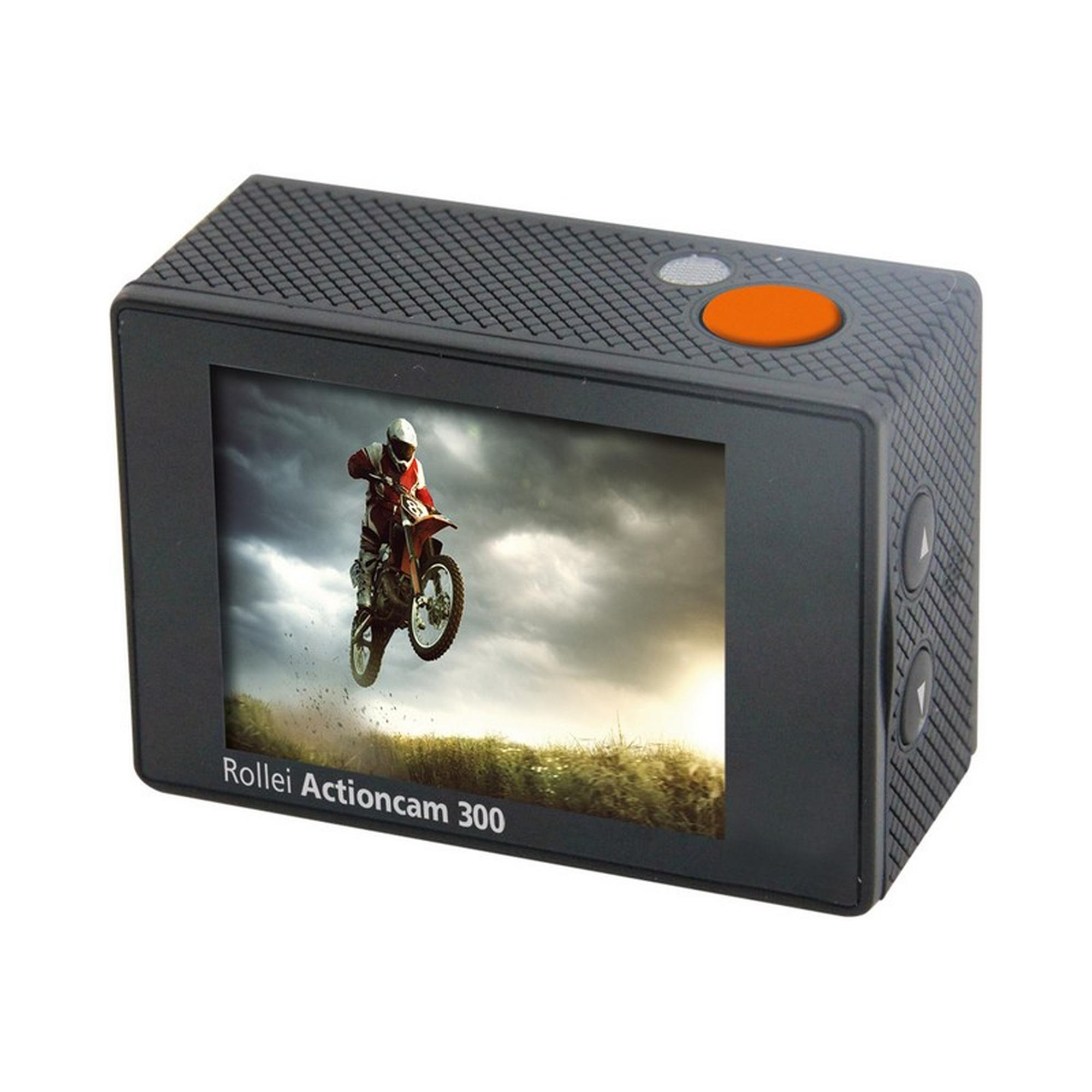 Cámara de acción negra muestra un salto de motocross. Botón naranja. Marca: Rollei Actioncam 300.