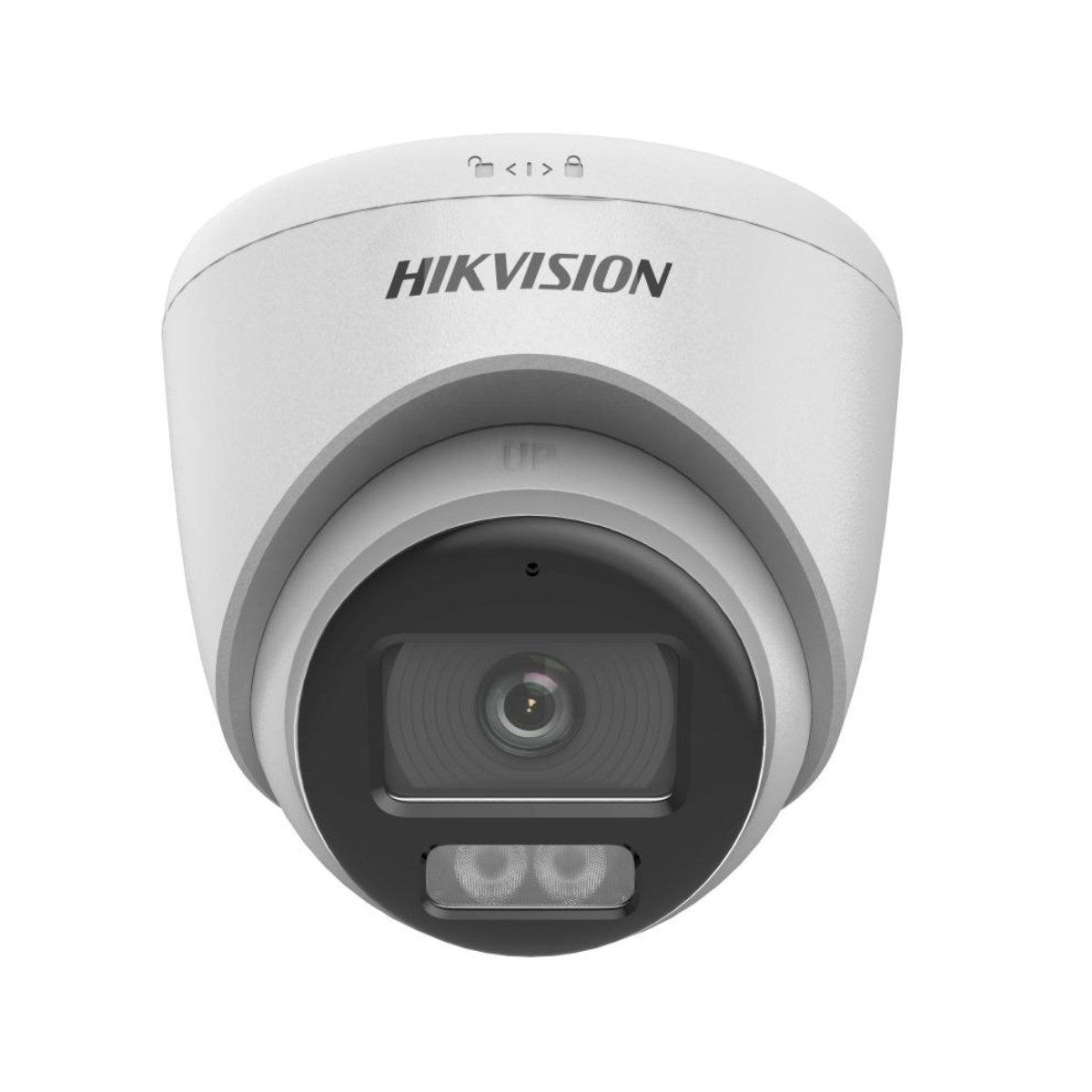 Weiße Überwachungskamera. Marke: Hikvision. Schwarze Front. Isoliert auf Weiß.